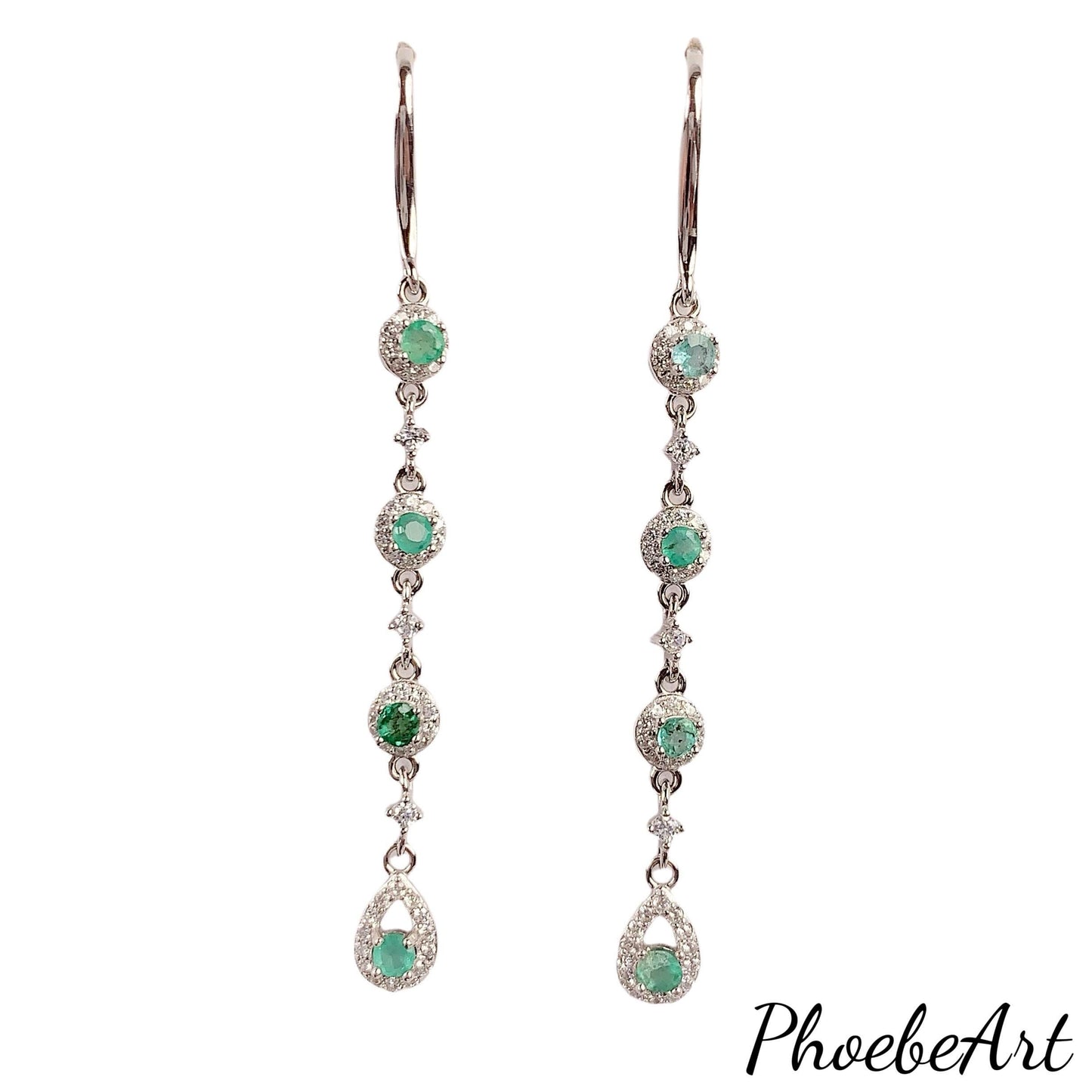 Emerald Sterling Silver Drop Earrings: 18k White Gold Plated