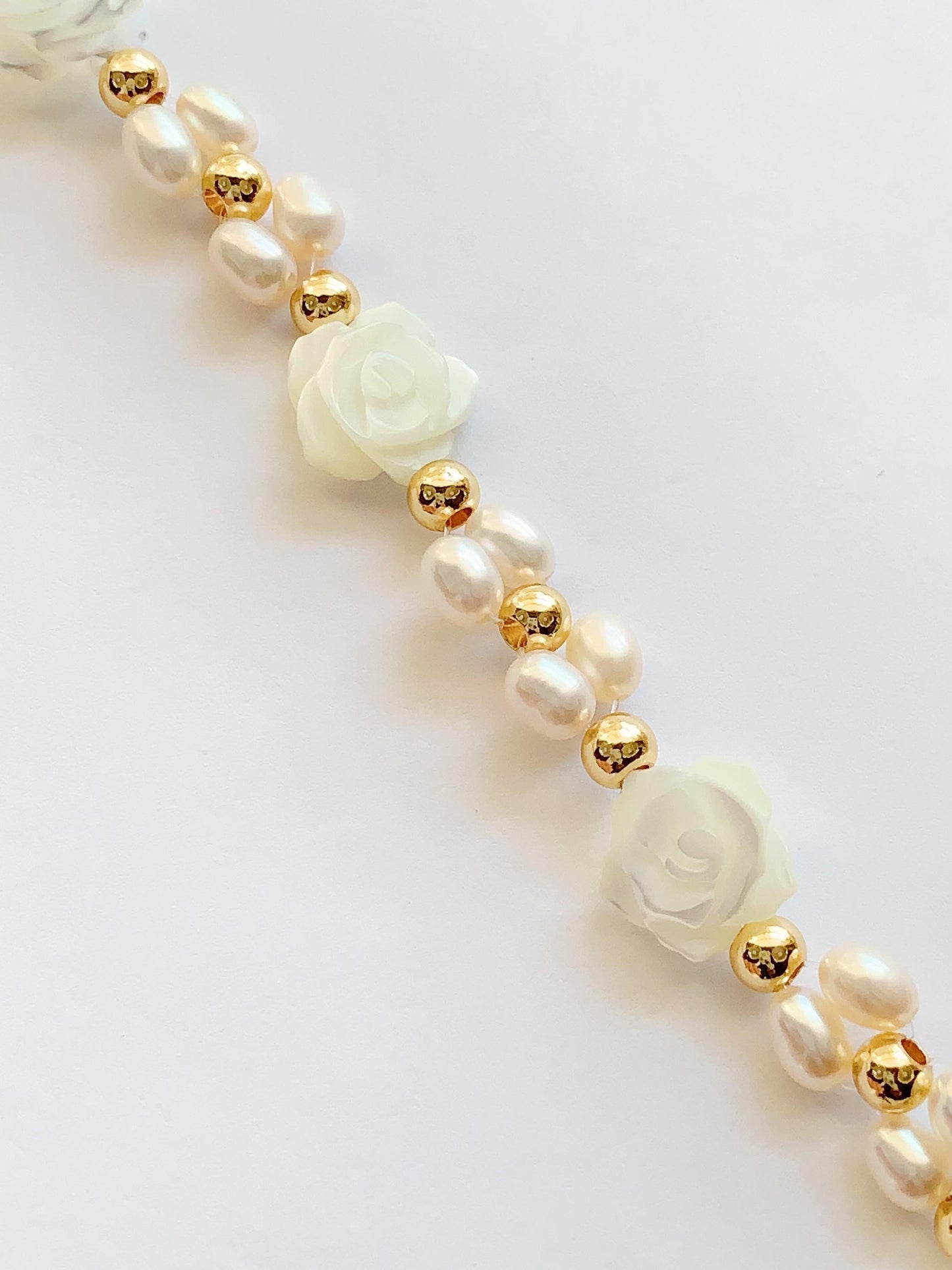Freshwater Pearl Bracelet: 14K Gold Filled Carved Shell Rose
