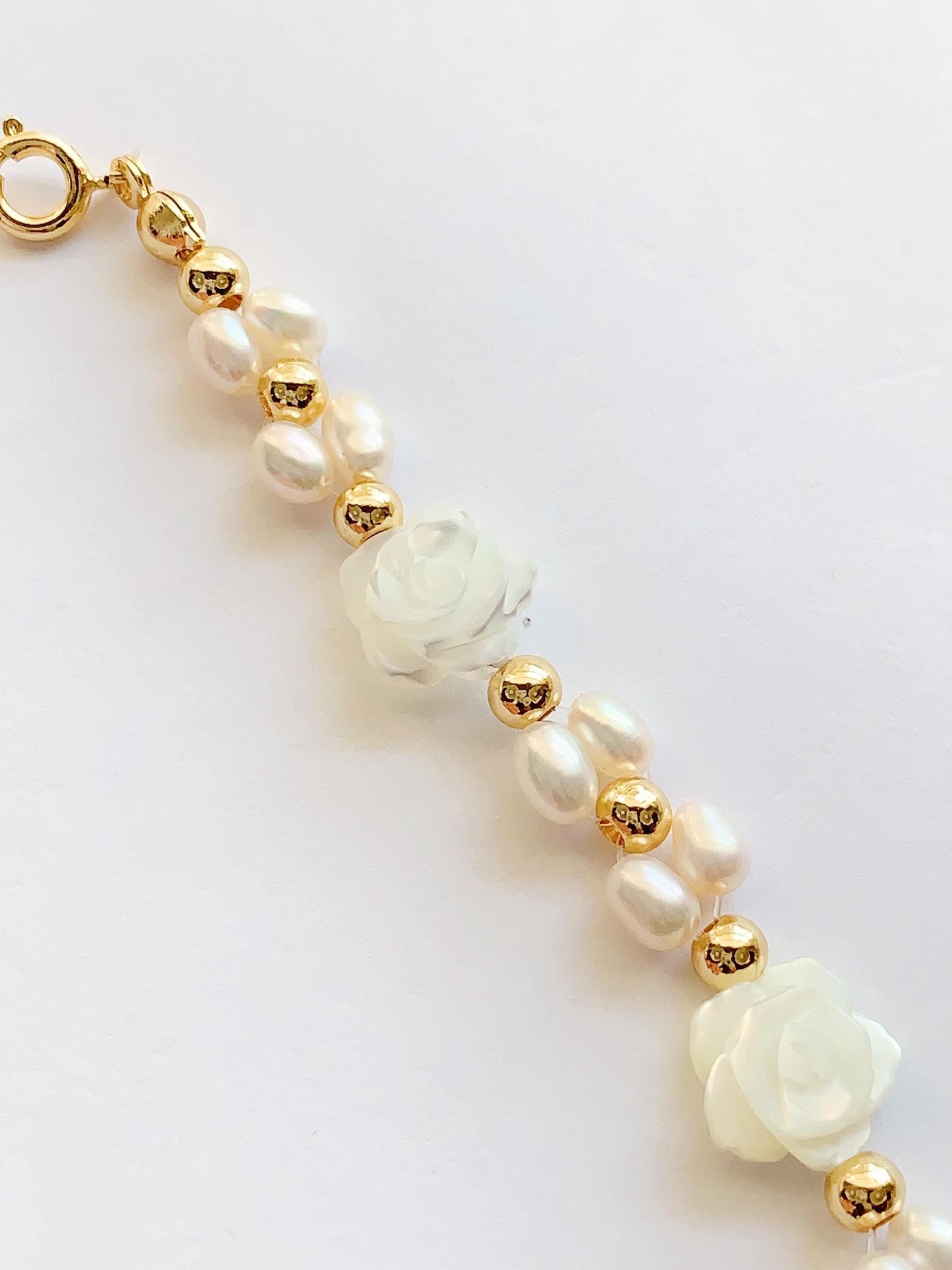 Freshwater Pearl Bracelet: 14K Gold Filled Carved Shell Rose