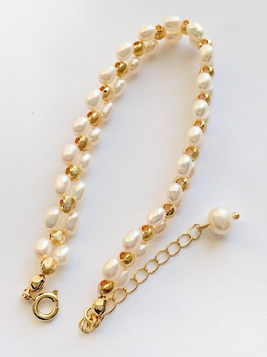 Freshwater Pearl Bracelet: 14K Gold Filled Cat Eye Beads