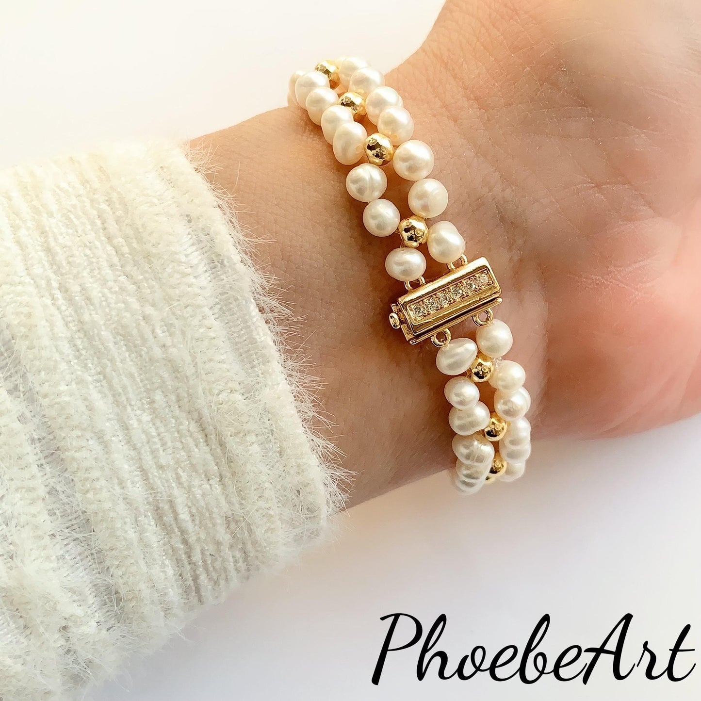 Good quality Natural Freshwater White Pearl Bracelet Bright Luster Gloss 14K Yellow Gold Filled