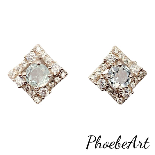 Aquamarine Sterling Silver Earrings: 18k Gold Plated Flower Studs