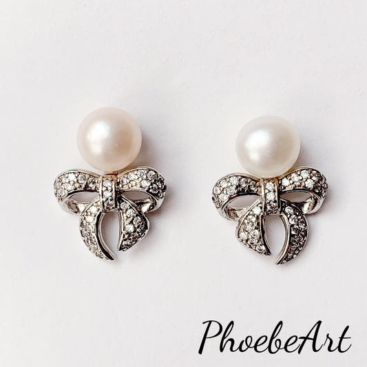 Freshwater Pearl Earrings: 18K White Gold Plated Sterling Silver Bow Studs