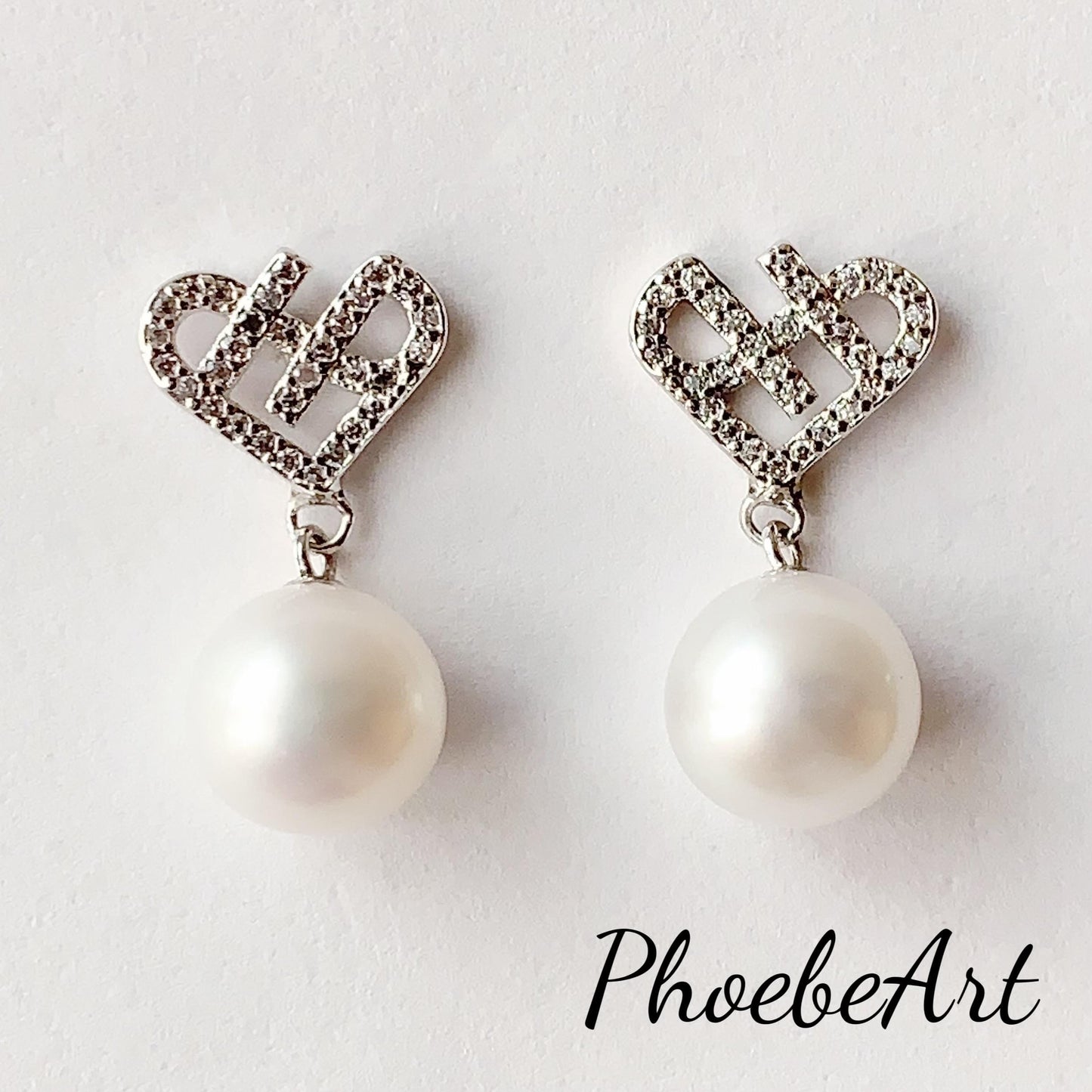 9mm Freshwater Pearl Earrings: Heart, 18K White Gold Plated