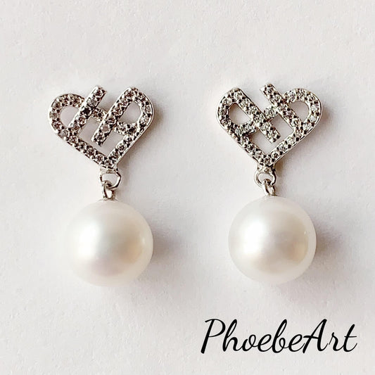 9mm Freshwater Pearl Earrings: Heart, 18K White Gold Plated