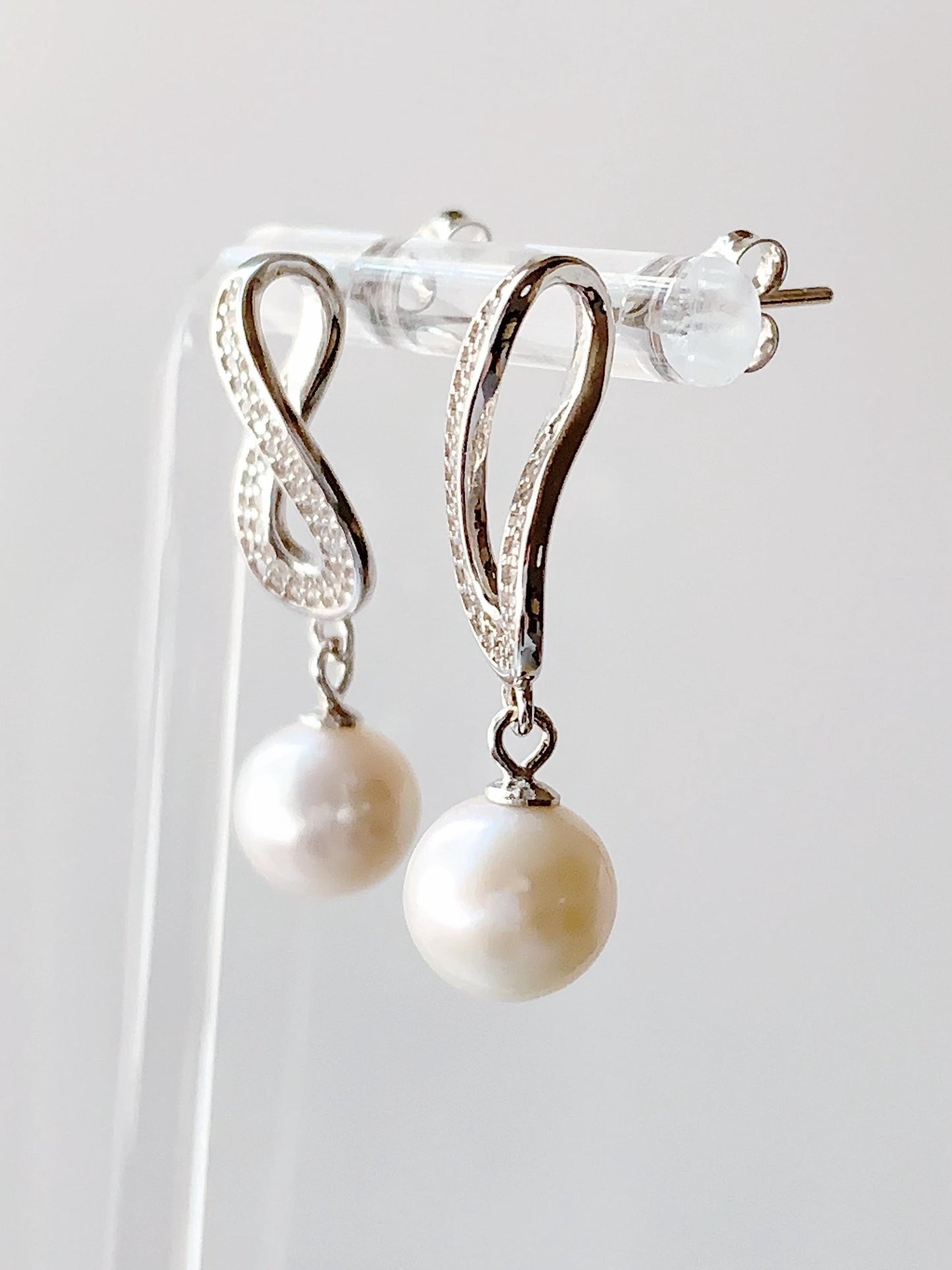 8.5mm Nearly Circular Natural Pearl Drop Earrings: 18K White Gold Plated Sterling Silver