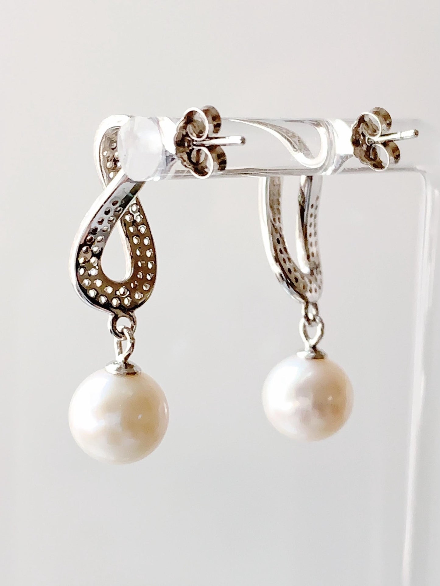 8.5mm Nearly Circular Natural Pearl Drop Earrings: 18K White Gold Plated Sterling Silver