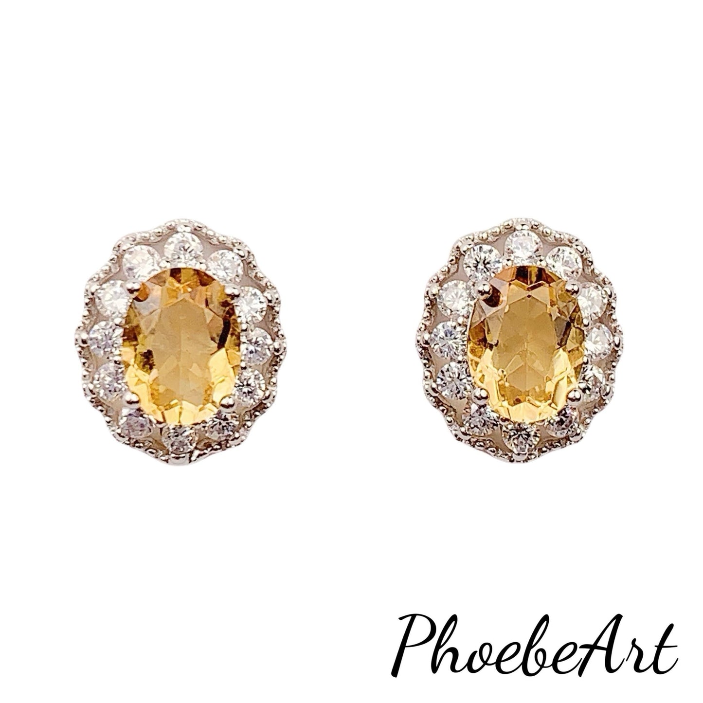 Citrine Earrings: Oval Cut, 18k White Gold Plated Sterling Silver