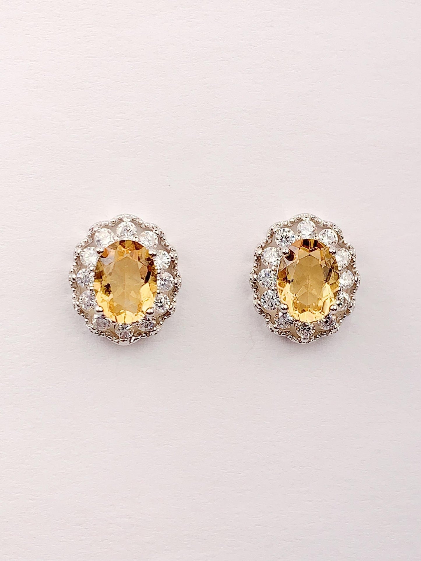 Citrine Earrings: Oval Cut, 18k White Gold Plated Sterling Silver