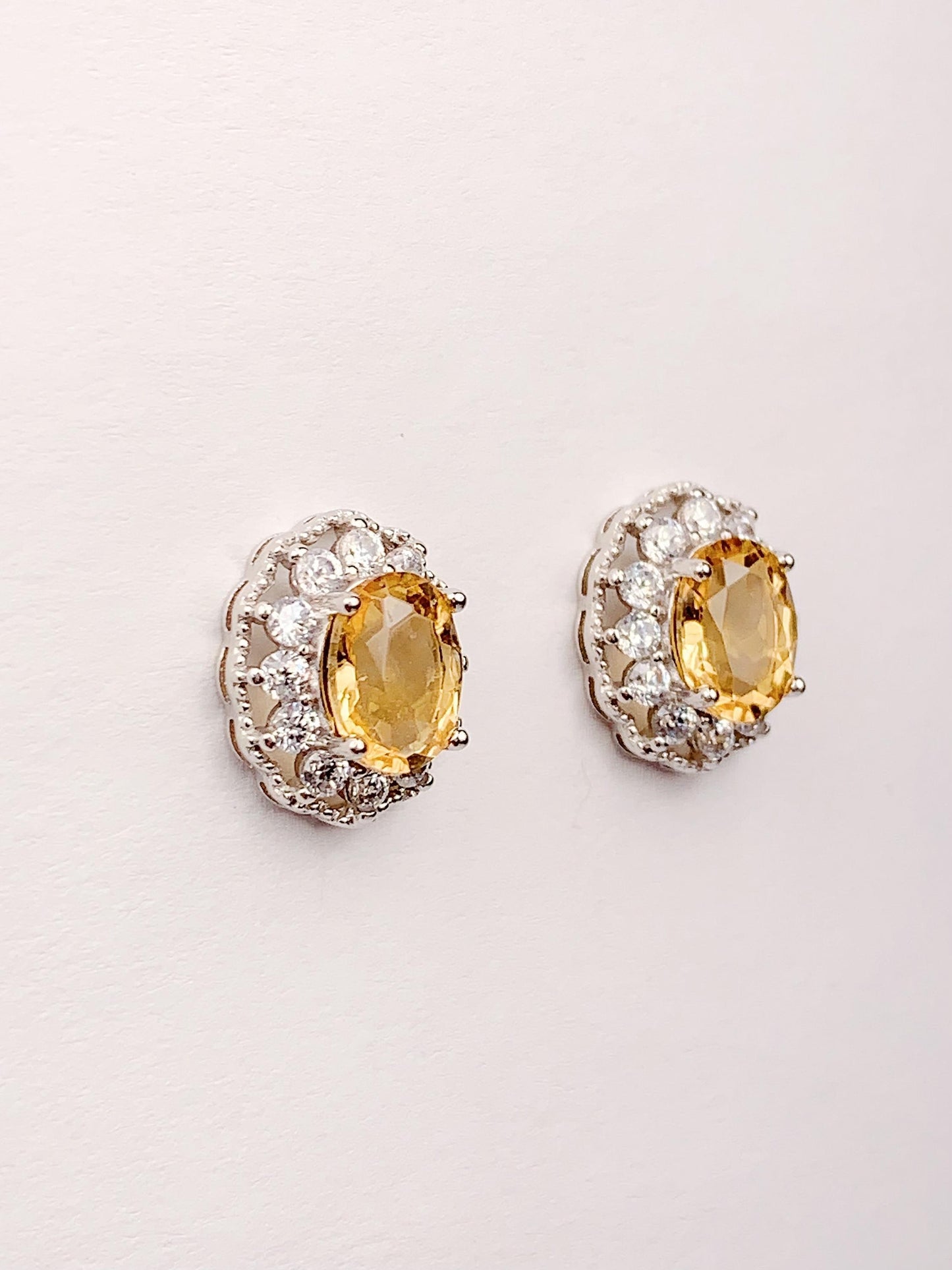 Citrine Earrings: Oval Cut, 18k White Gold Plated Sterling Silver