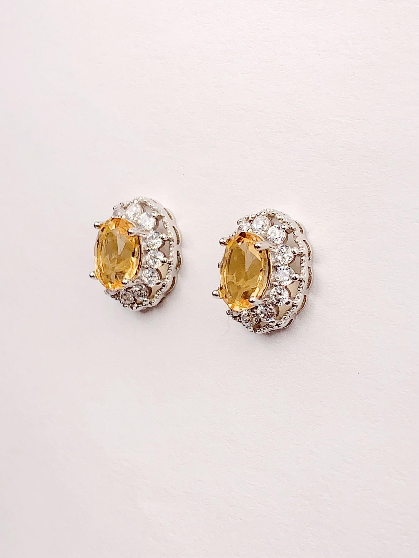 Citrine Earrings: Oval Cut, 18k White Gold Plated Sterling Silver