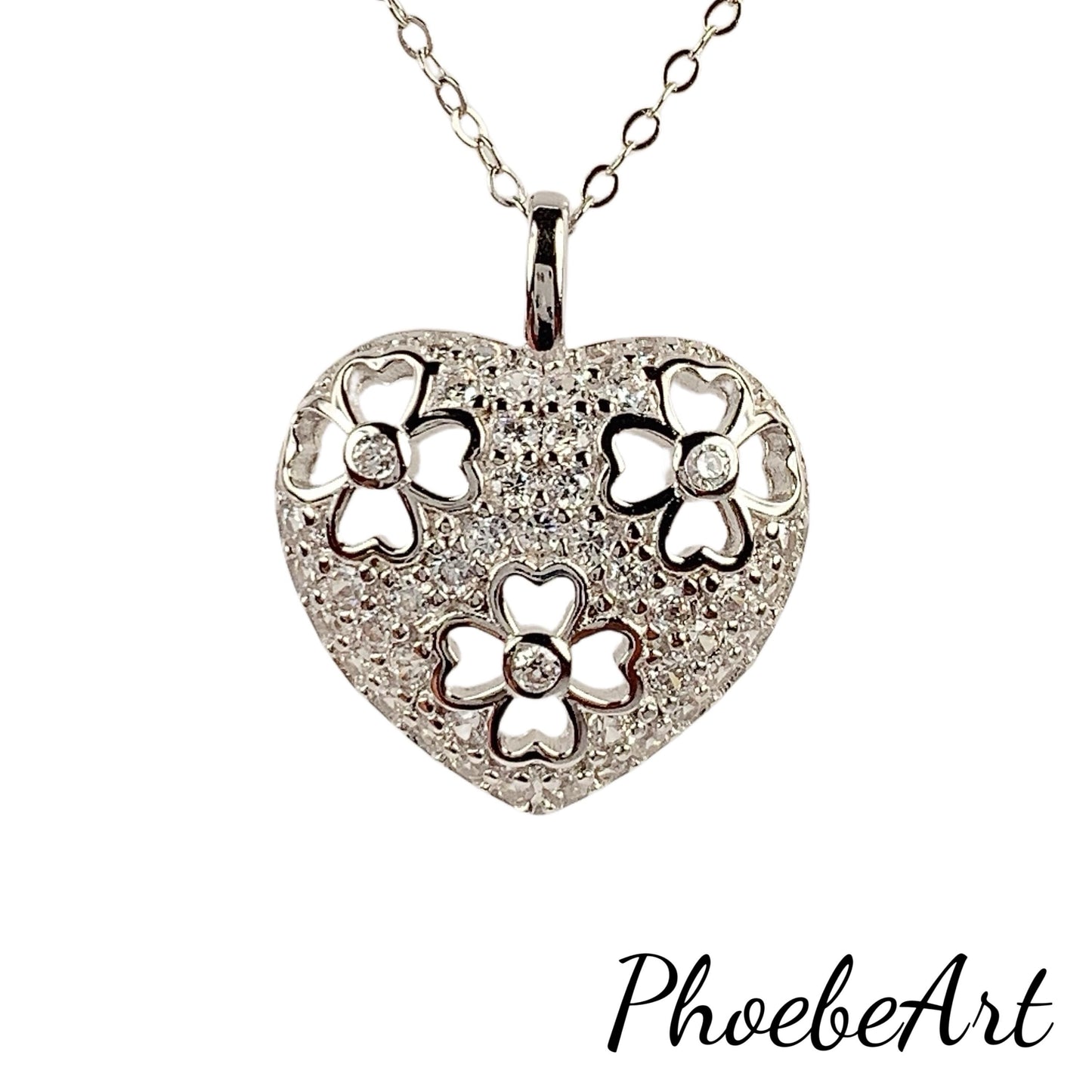 Heart Clover Necklace: 18k White Gold Plated Sterling Silver