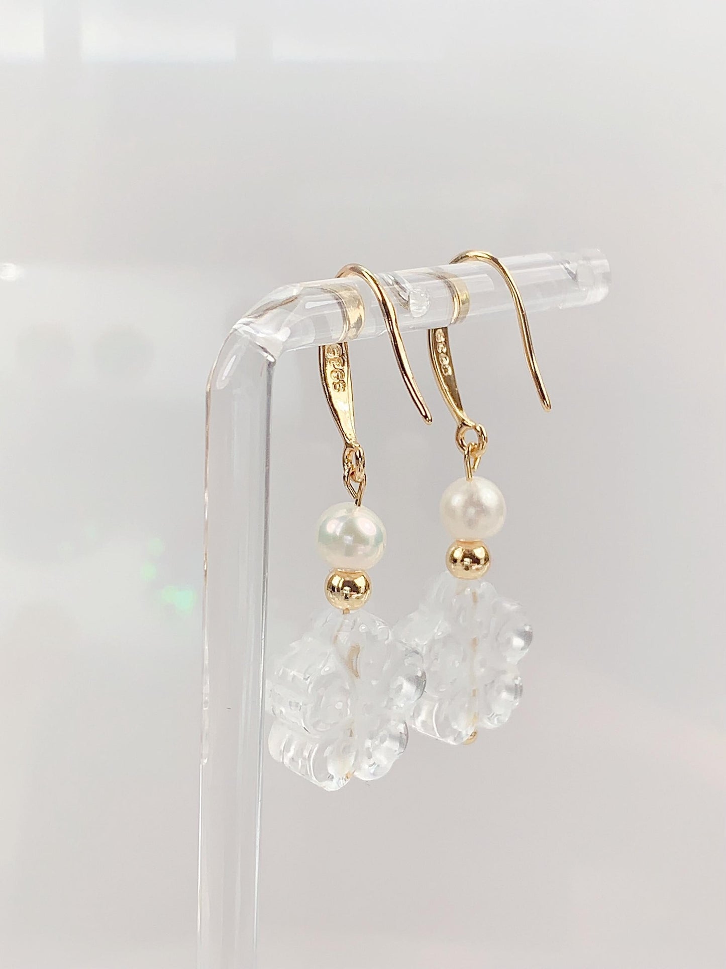 14K Gold Filled Pearl Earrings: Quartz Crystal Flower, Handmade