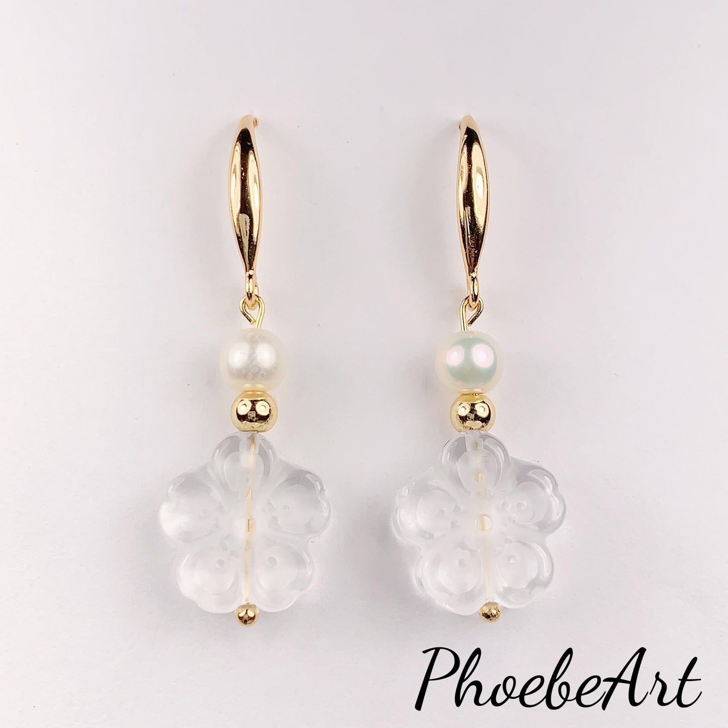 14K Gold Filled Pearl Earrings: Quartz Crystal Flower, Handmade