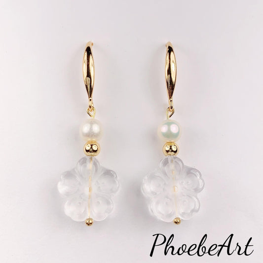 14K Gold Filled Pearl Earrings: Quartz Crystal Flower, Handmade