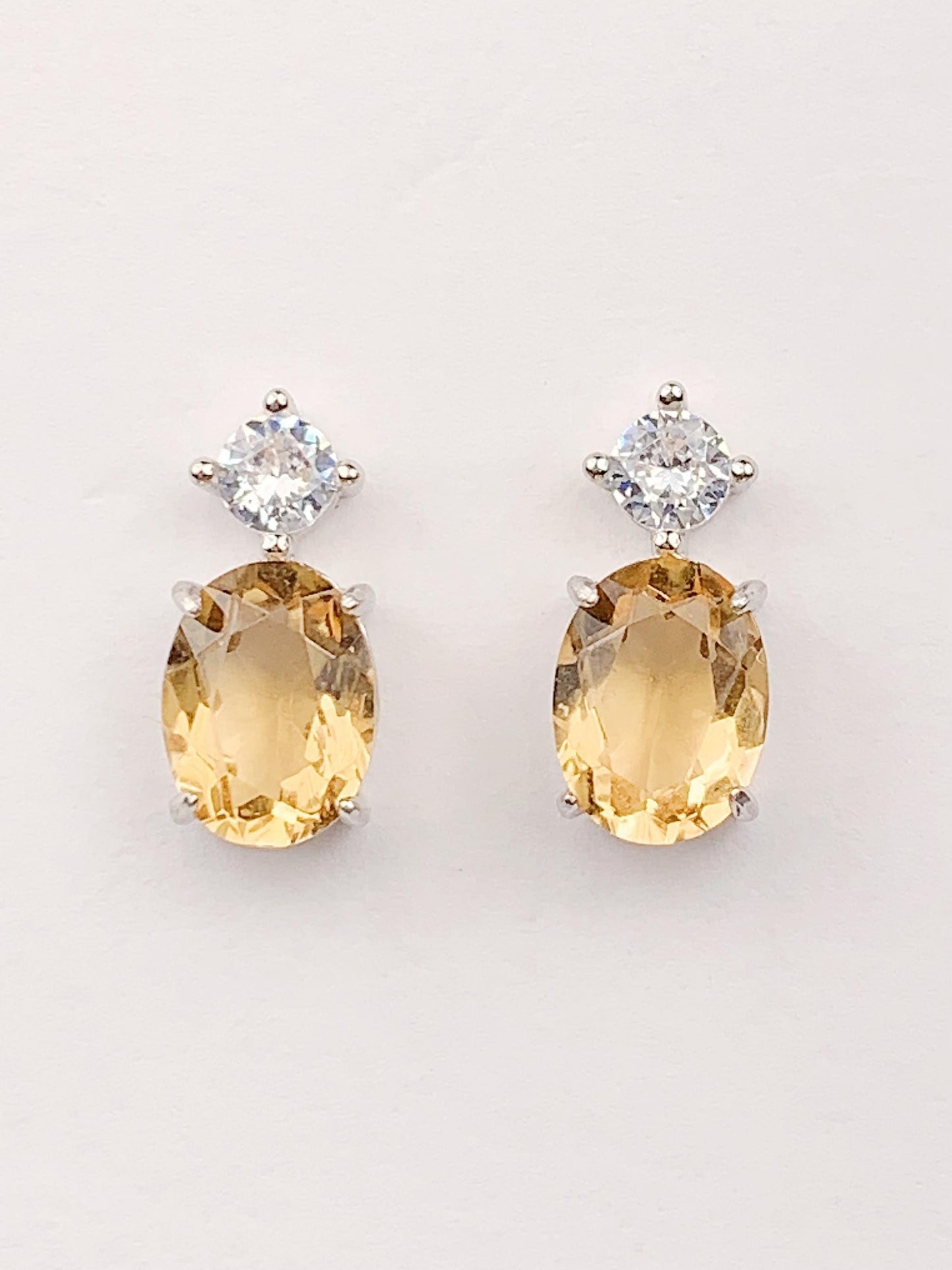 Citrine Sterling Silver Earrings: Oval Cut, 18k White Gold Plated