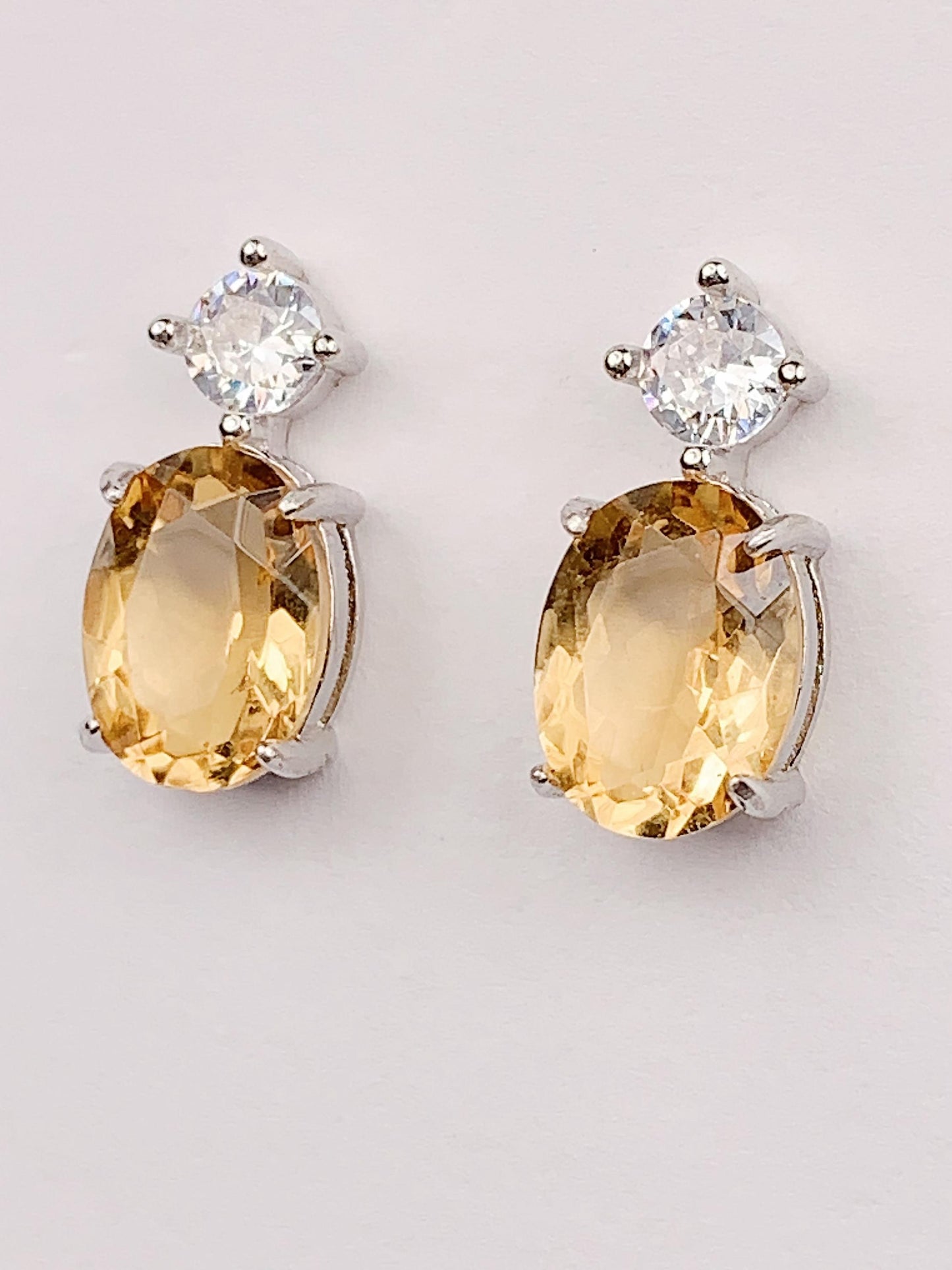 Citrine Sterling Silver Earrings: Oval Cut, 18k White Gold Plated