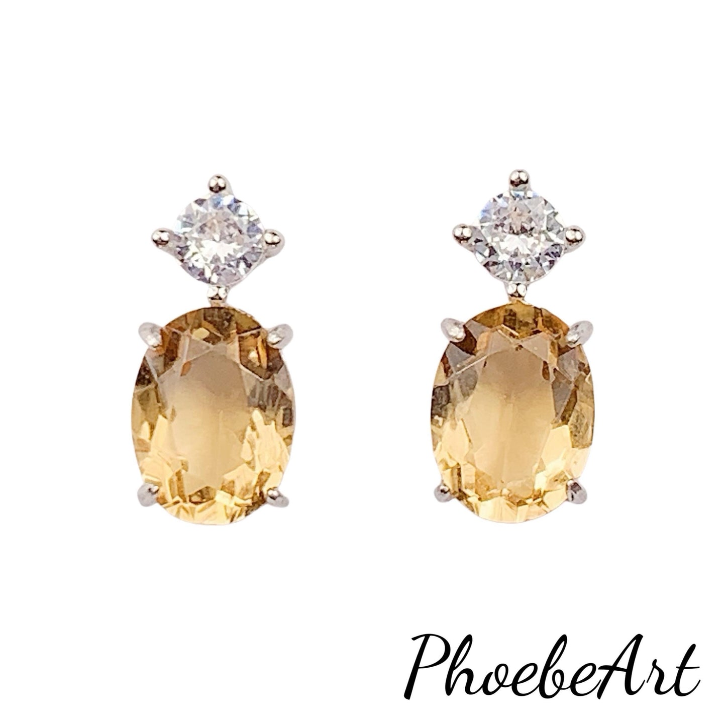 Citrine Sterling Silver Earrings: Oval Cut, 18k White Gold Plated