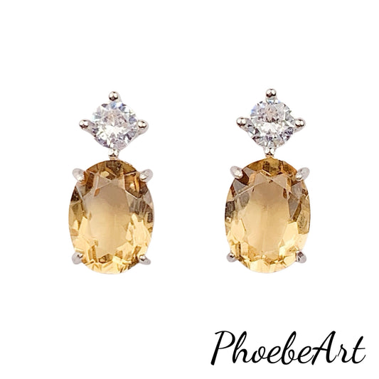Citrine Sterling Silver Earrings: Oval Cut, 18k White Gold Plated