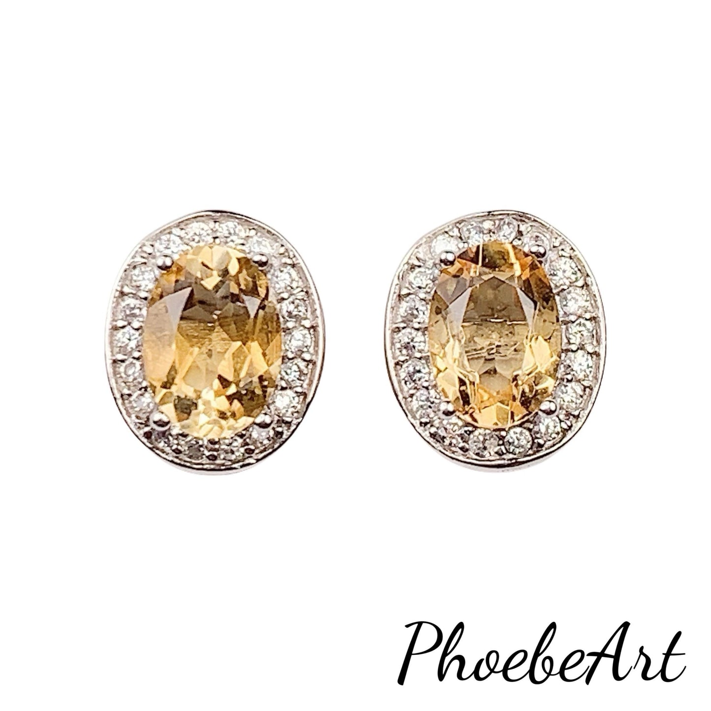 Citrine Sterling Silver Earrings: Yellow Oval Gemstone Studs