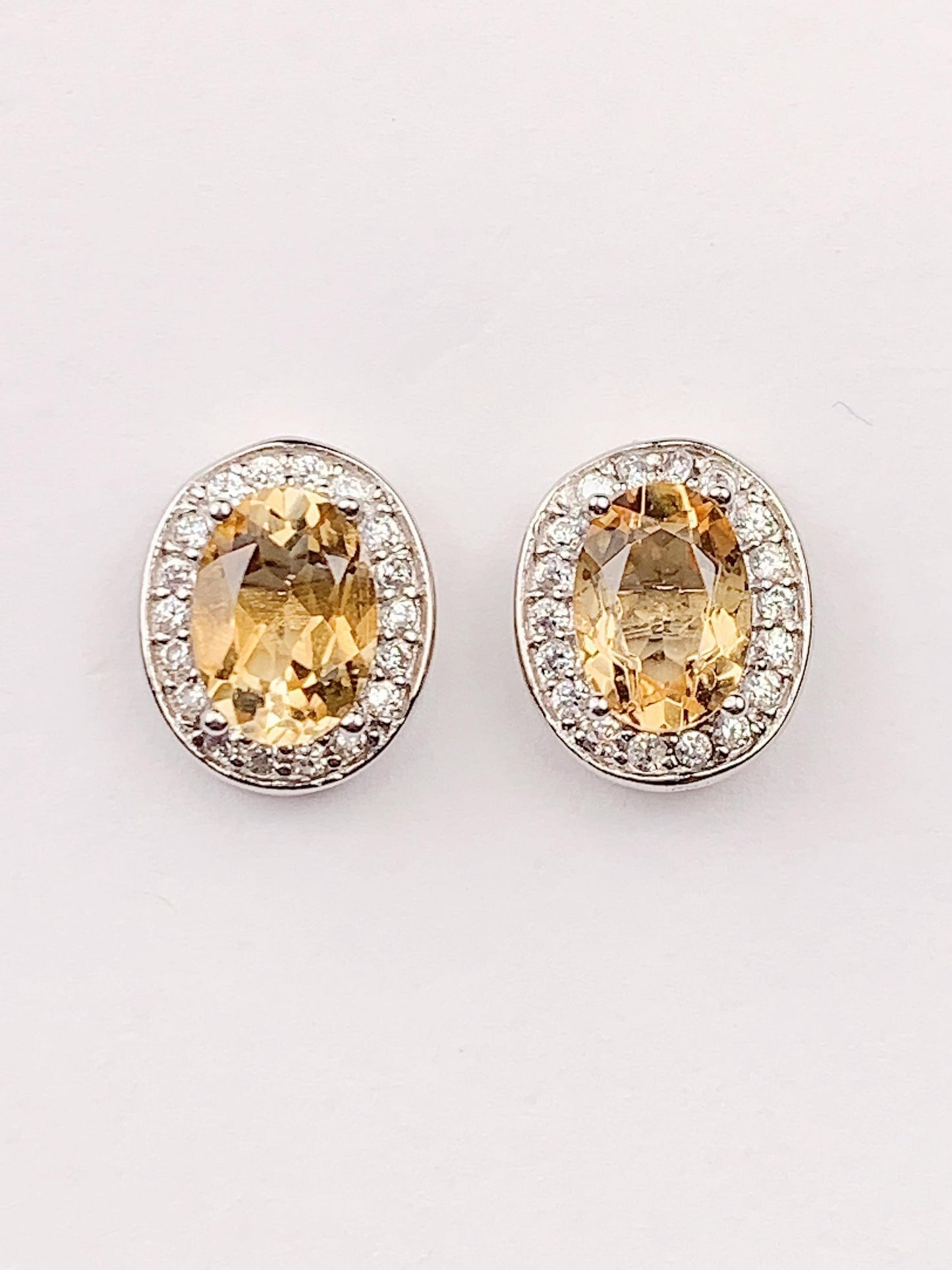 Citrine Sterling Silver Earrings: Yellow Oval Gemstone Studs