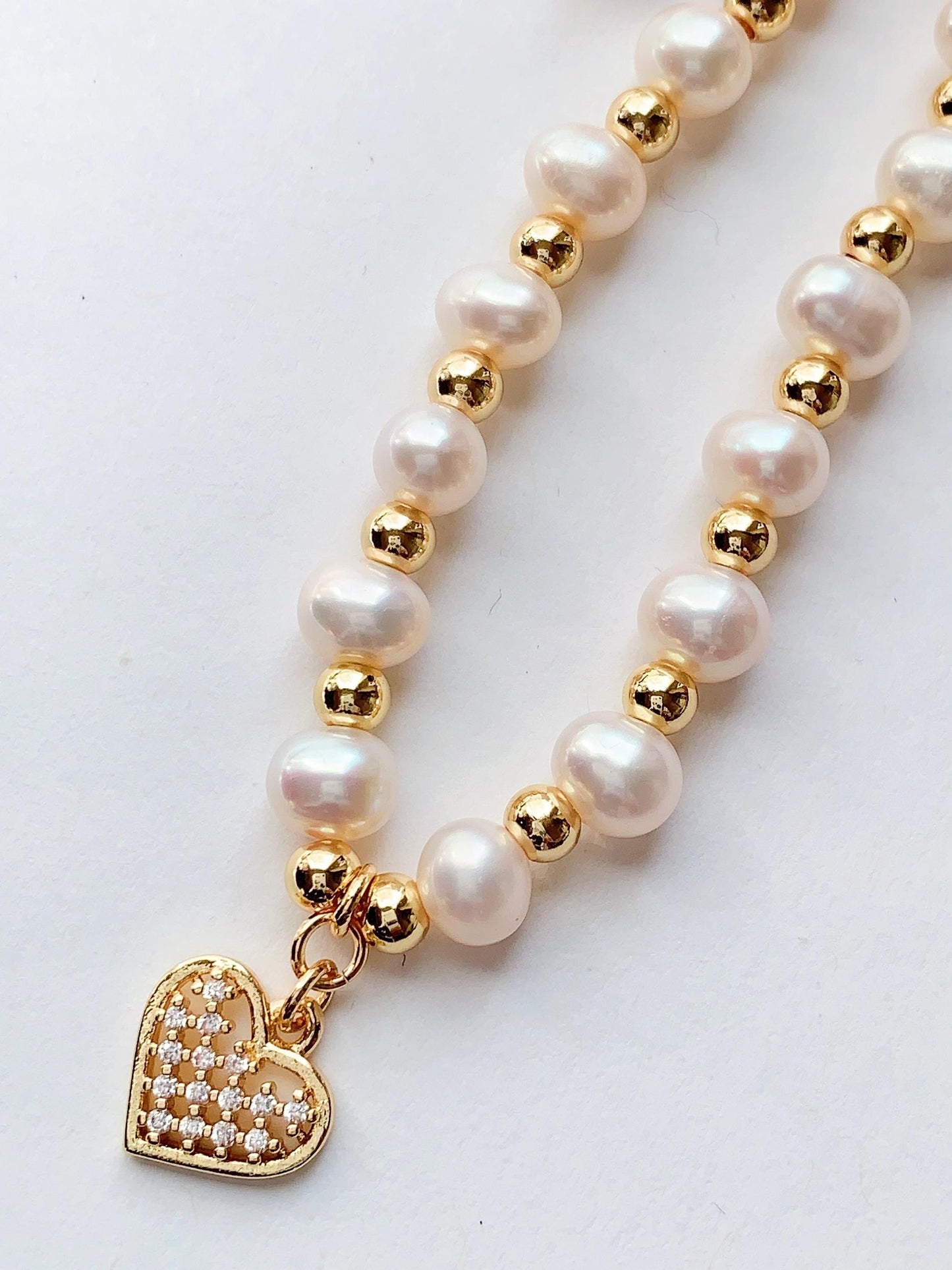 AAA Freshwater Pearl Bracelet: 14K Gold Heart Pendant, June Birthstone