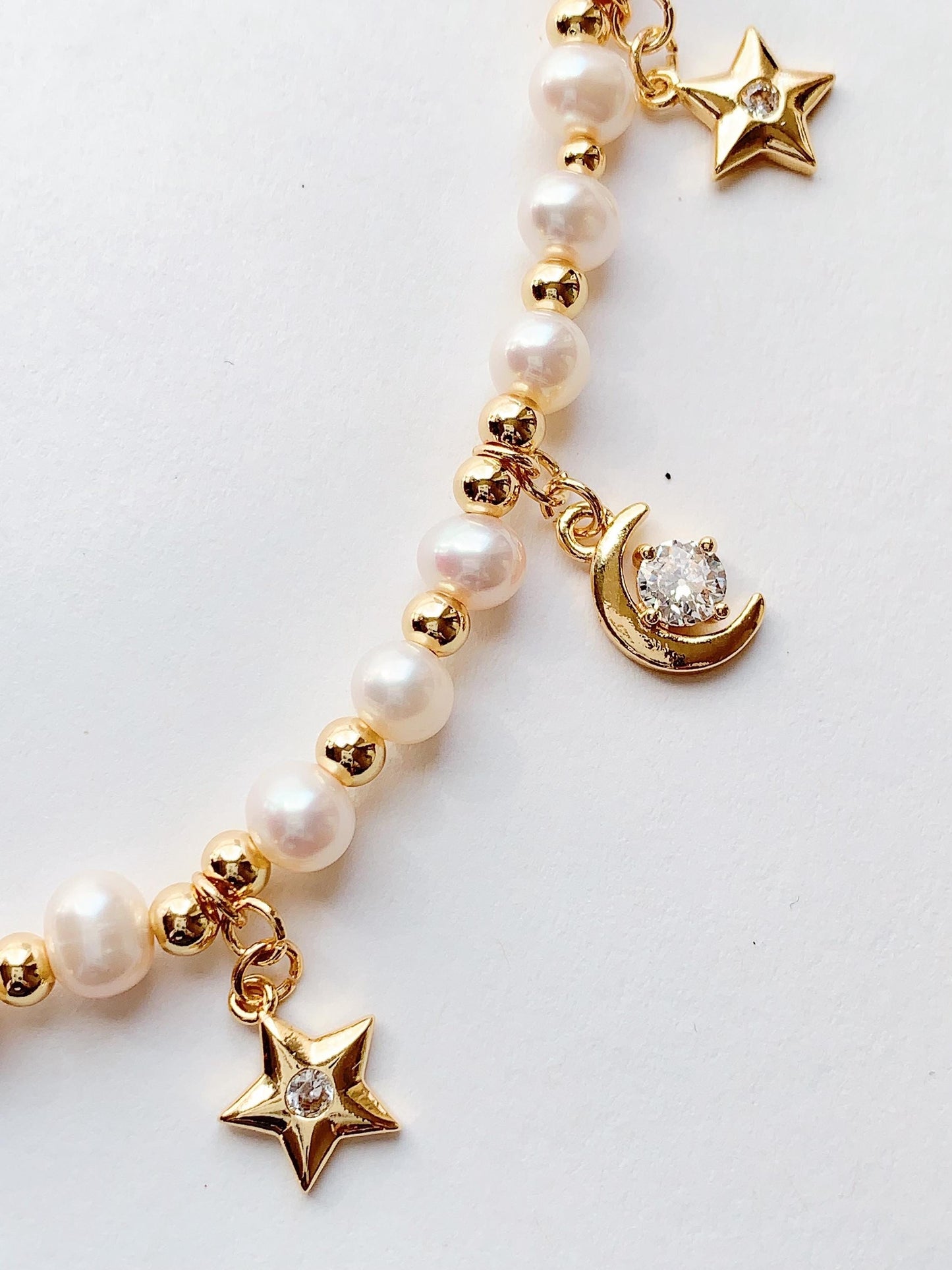 Freshwater Pearl Necklace: 14K Gold Filled Star Moon Charm