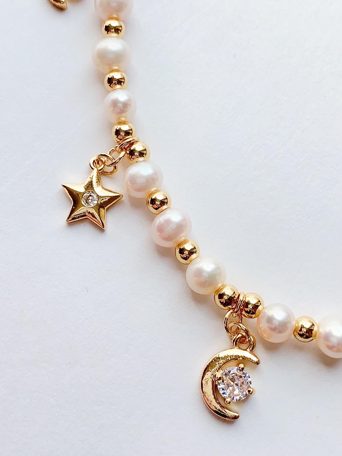 Freshwater Pearl Necklace: 14K Gold Filled Star Moon Charm