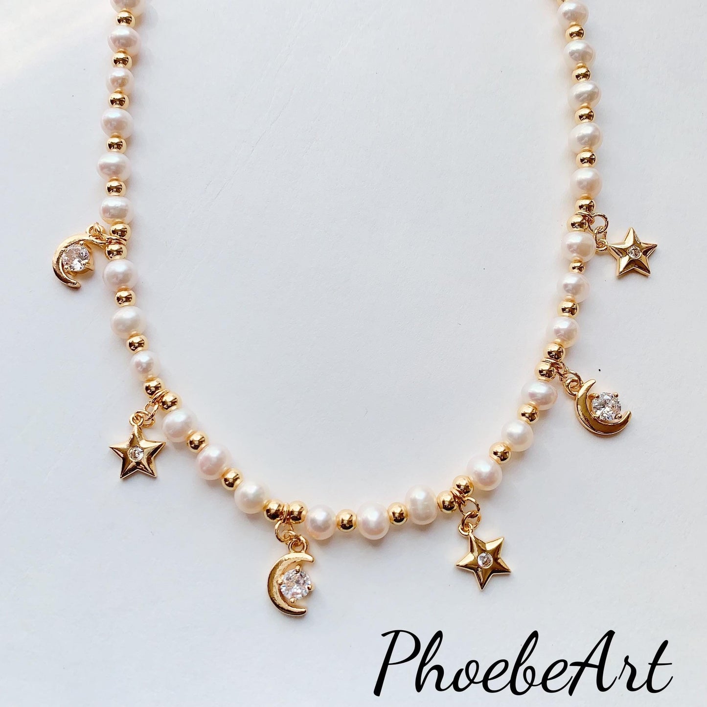 Freshwater Pearl Necklace: 14K Gold Filled Star Moon Charm