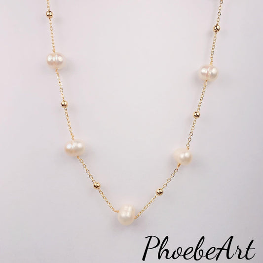9.5mm Freshwater Pearl Necklace: 14K Gold Filled Chain, Handmade