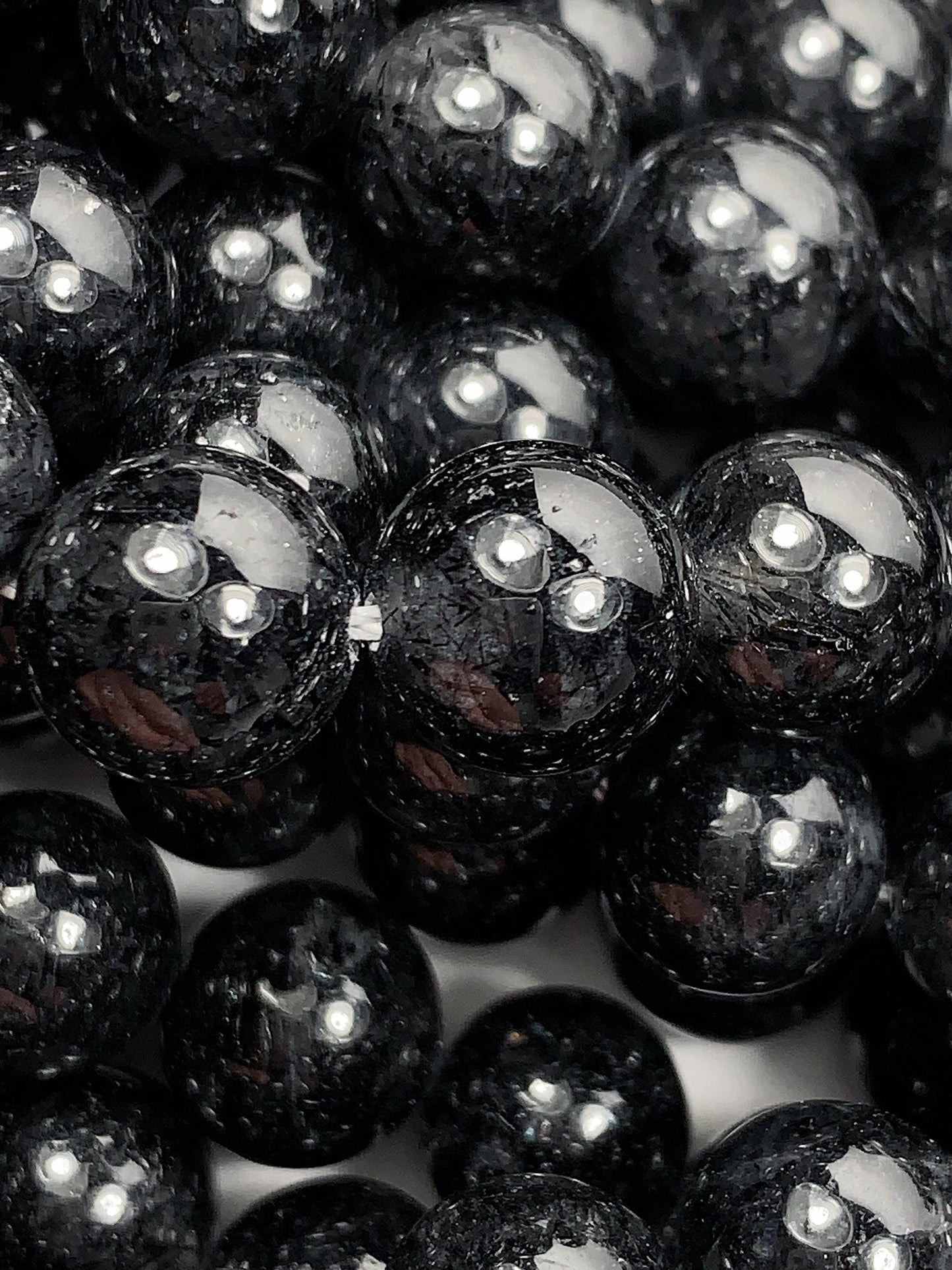 10mm Black Tourmaline Rutilated Quartz Beads: 15.5" Strand