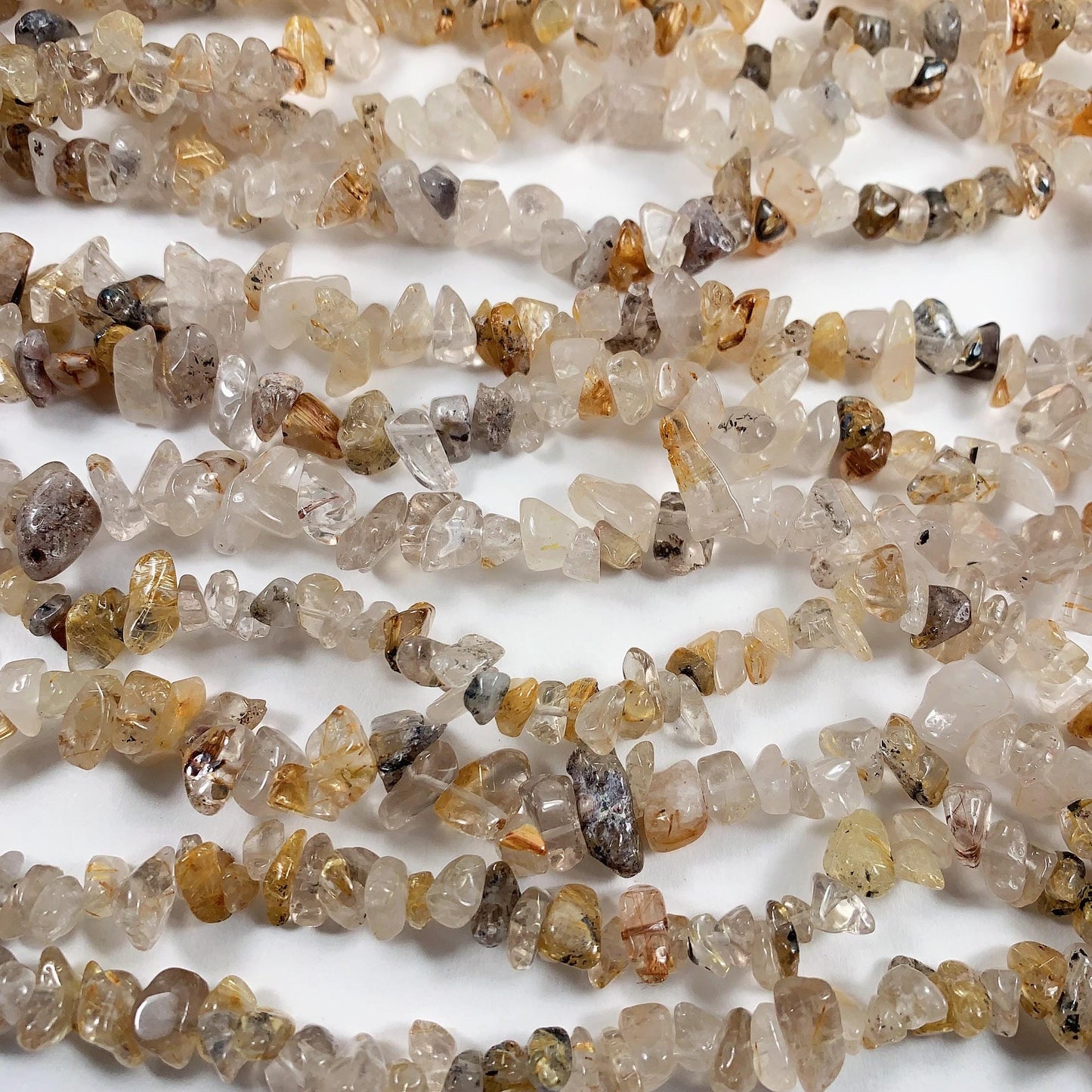 Golden Rutilated Quartz Beads: Natural Nugget Pebble Chips, 32" Strand