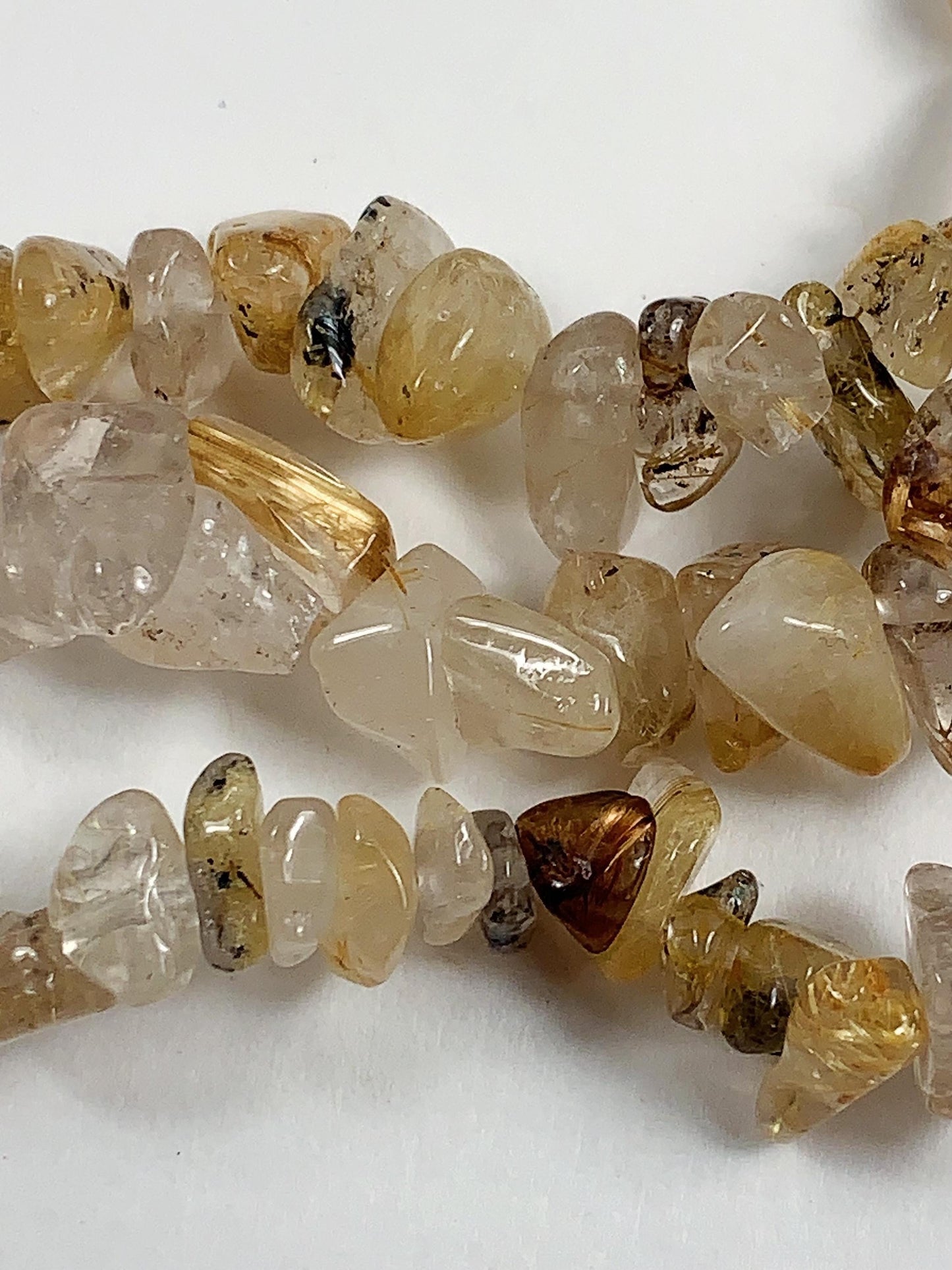 Golden Rutilated Quartz Beads: Natural Nugget Pebble Chips, 32" Strand