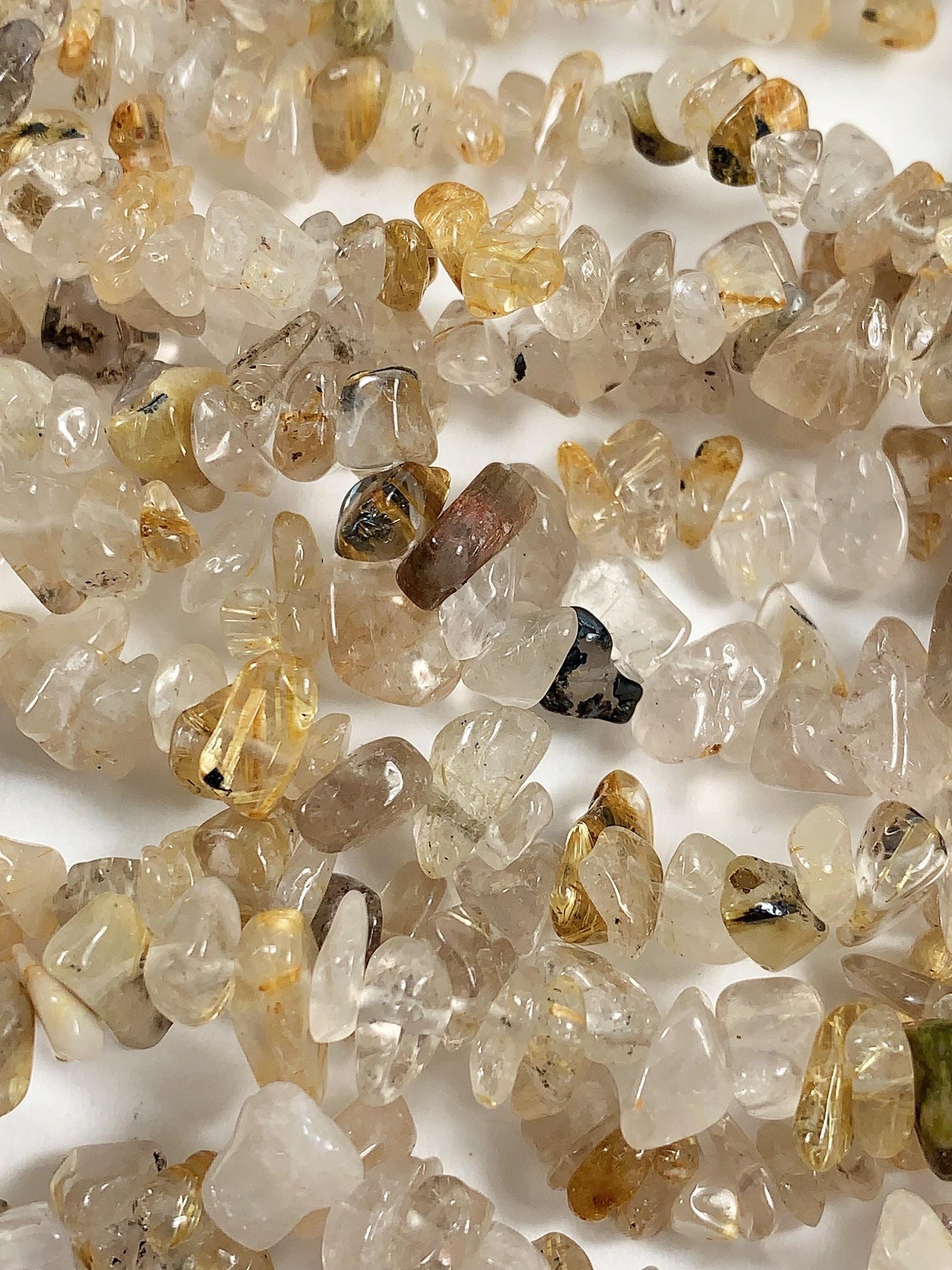 Golden Rutilated Quartz Beads: Natural Nugget Pebble Chips, 32" Strand