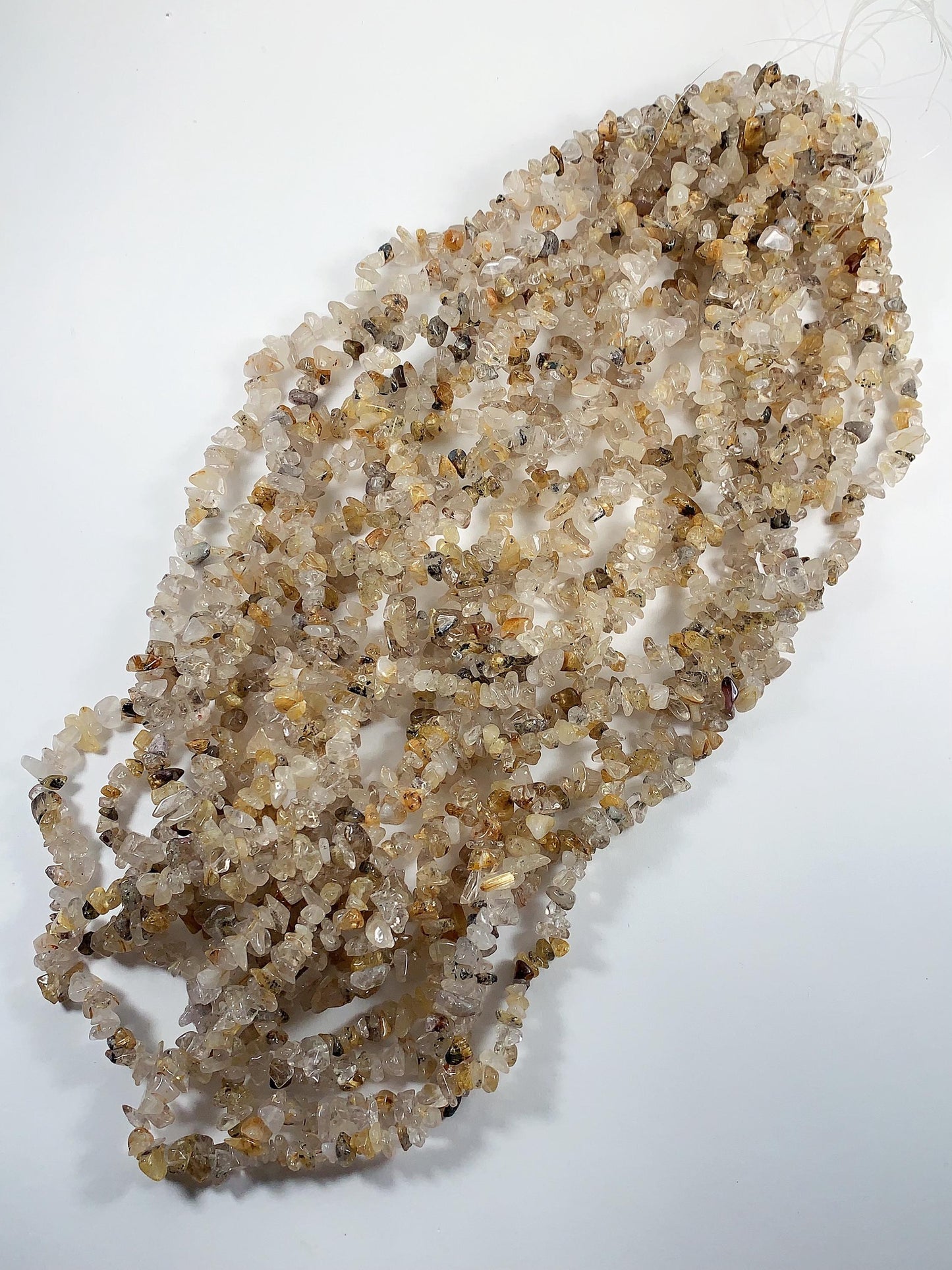 Golden Rutilated Quartz Beads: Natural Nugget Pebble Chips, 32" Strand