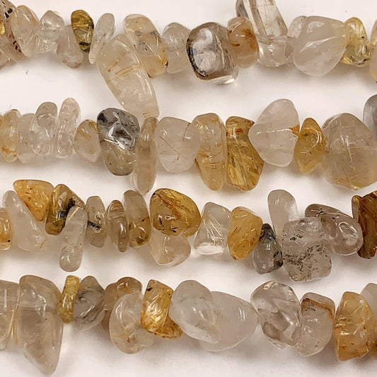 Golden Rutilated Quartz Beads: Natural Nugget Pebble Chips, 32" Strand