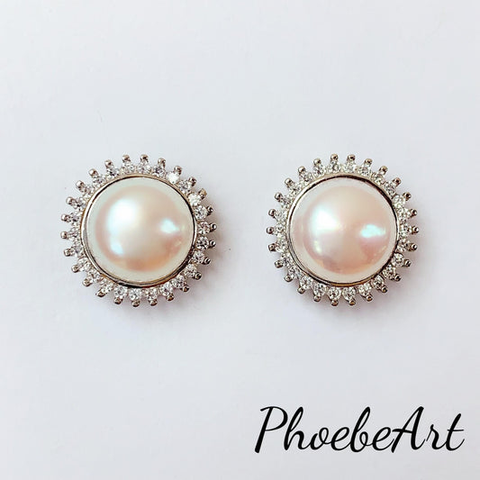 9mm Freshwater Pearl Earrings: 18k White Gold Plated Sterling Silver Studs