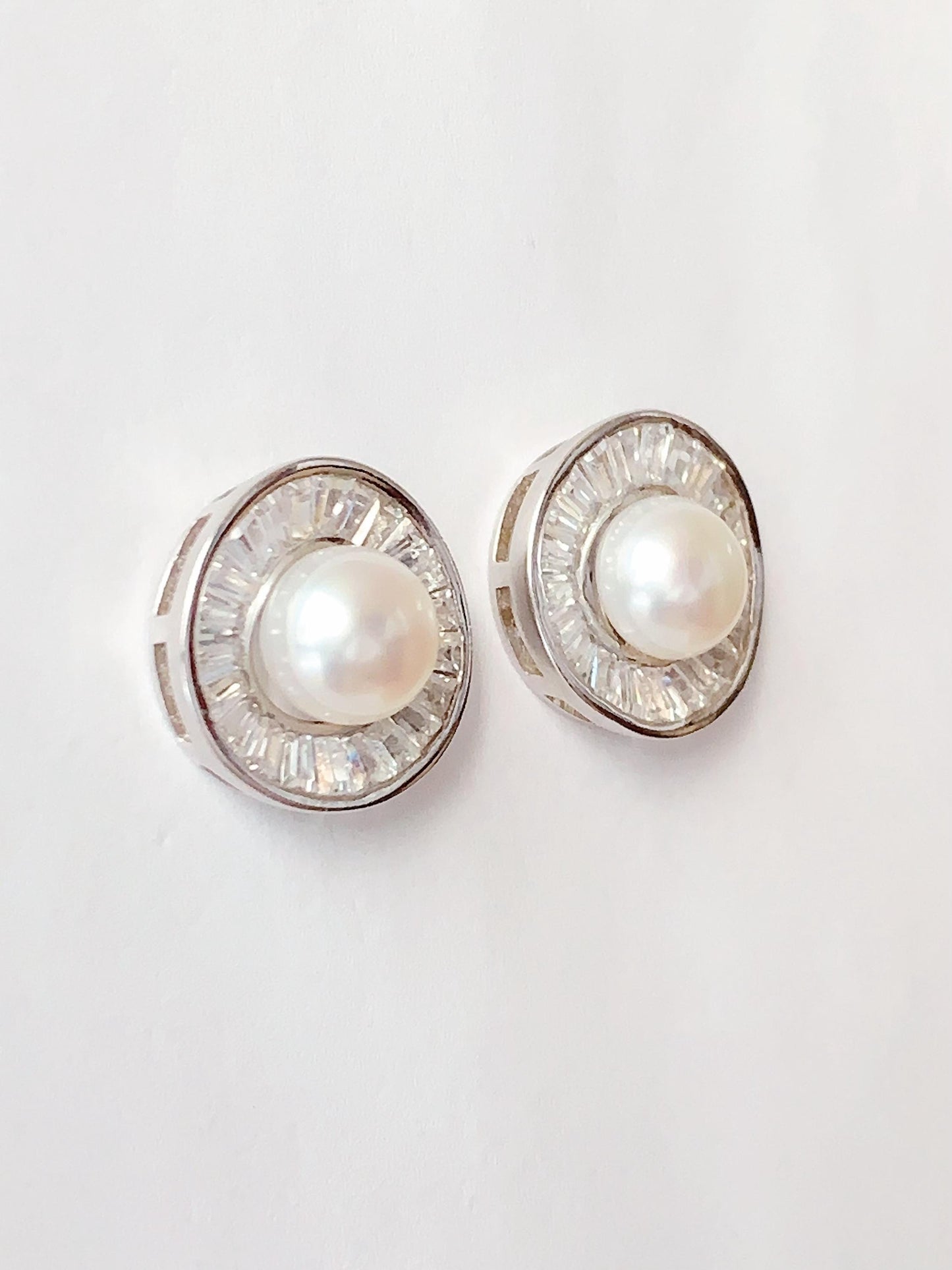 7.5mm High Quality Natural Freshwater pearls 18k White Gold Plated S 925 Sterling Silver Earrings ear stud