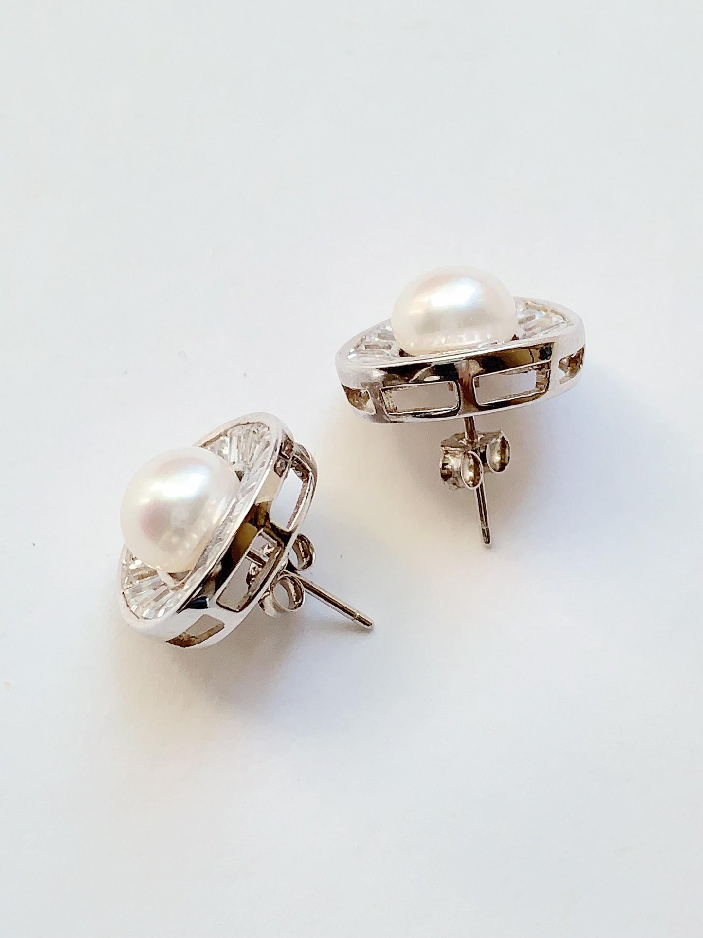 7.5mm High Quality Natural Freshwater pearls 18k White Gold Plated S 925 Sterling Silver Earrings ear stud