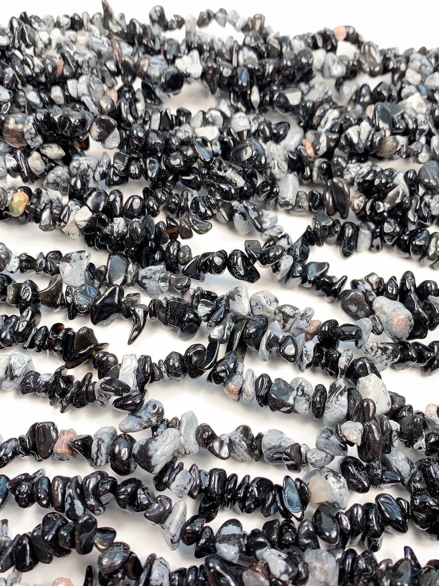 Snowflake Obsidian Chip Beads: Black & White Gemstone Nuggets, 32" Strand
