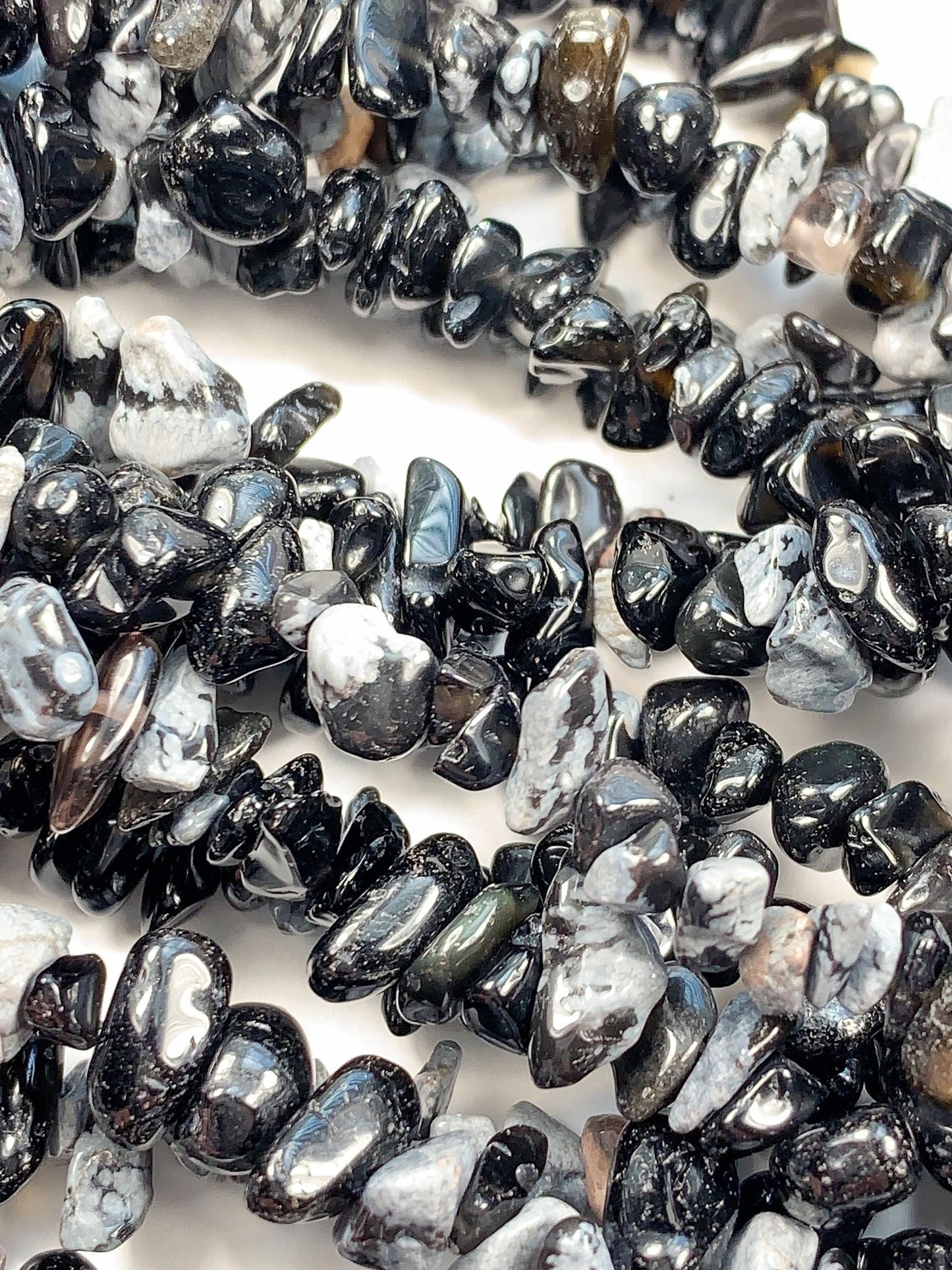 Snowflake Obsidian Chip Beads: Black & White Gemstone Nuggets, 32" Strand