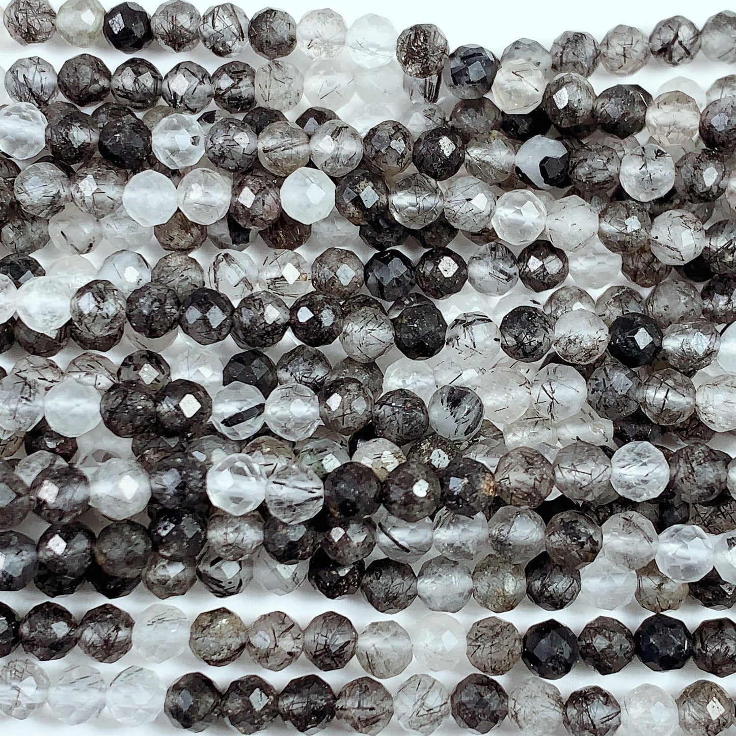Faceted Black Tourmaline Rutilated Quartz Beads: AAA Grade, 2-4mm, 15.5" Strand