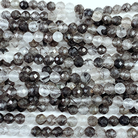 Faceted Black Tourmaline Rutilated Quartz Beads: AAA Grade, 2-4mm, 15.5" Strand