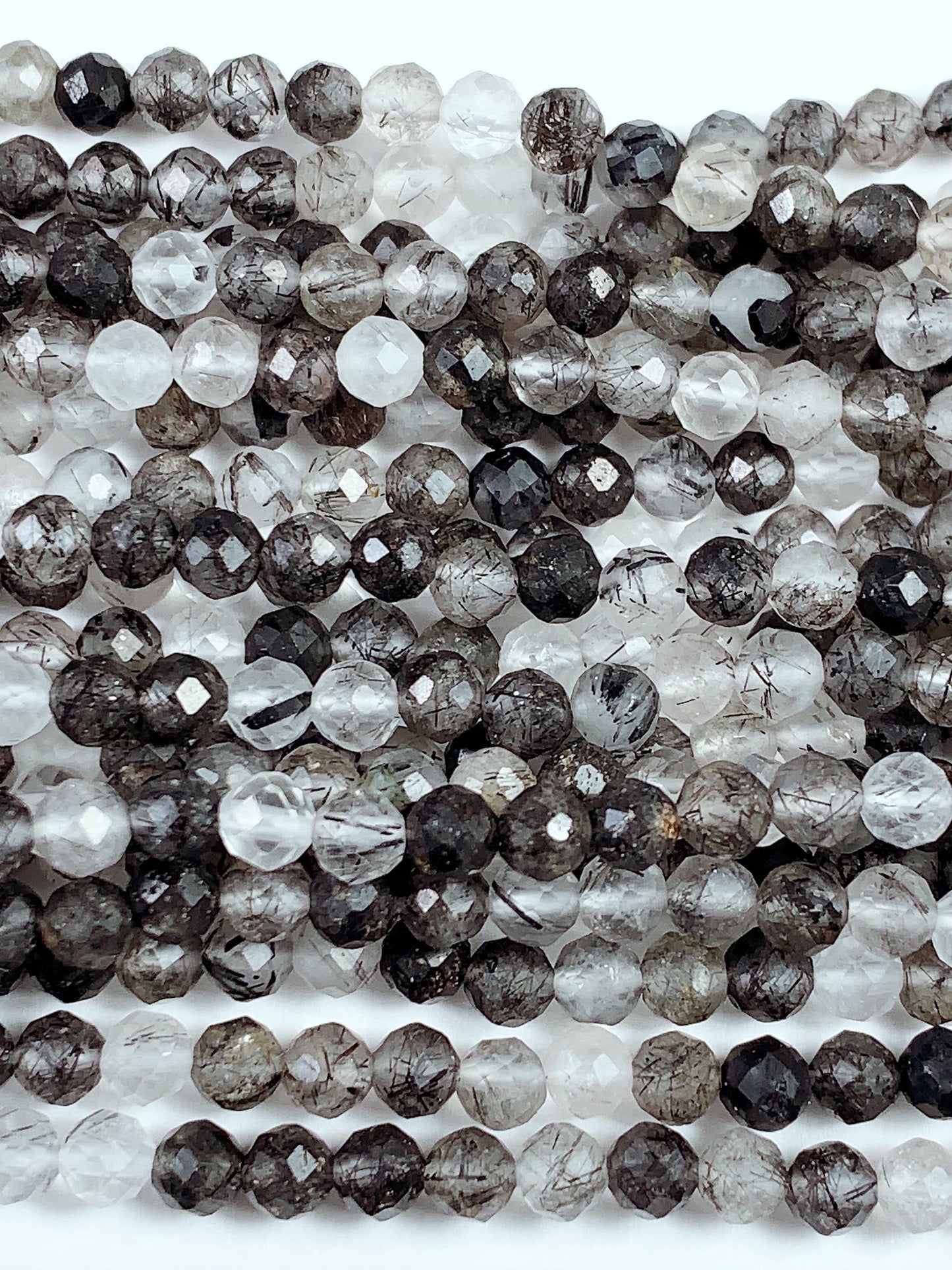 Faceted Black Tourmaline Rutilated Quartz Beads: AAA Grade, 2-4mm, 15.5" Strand