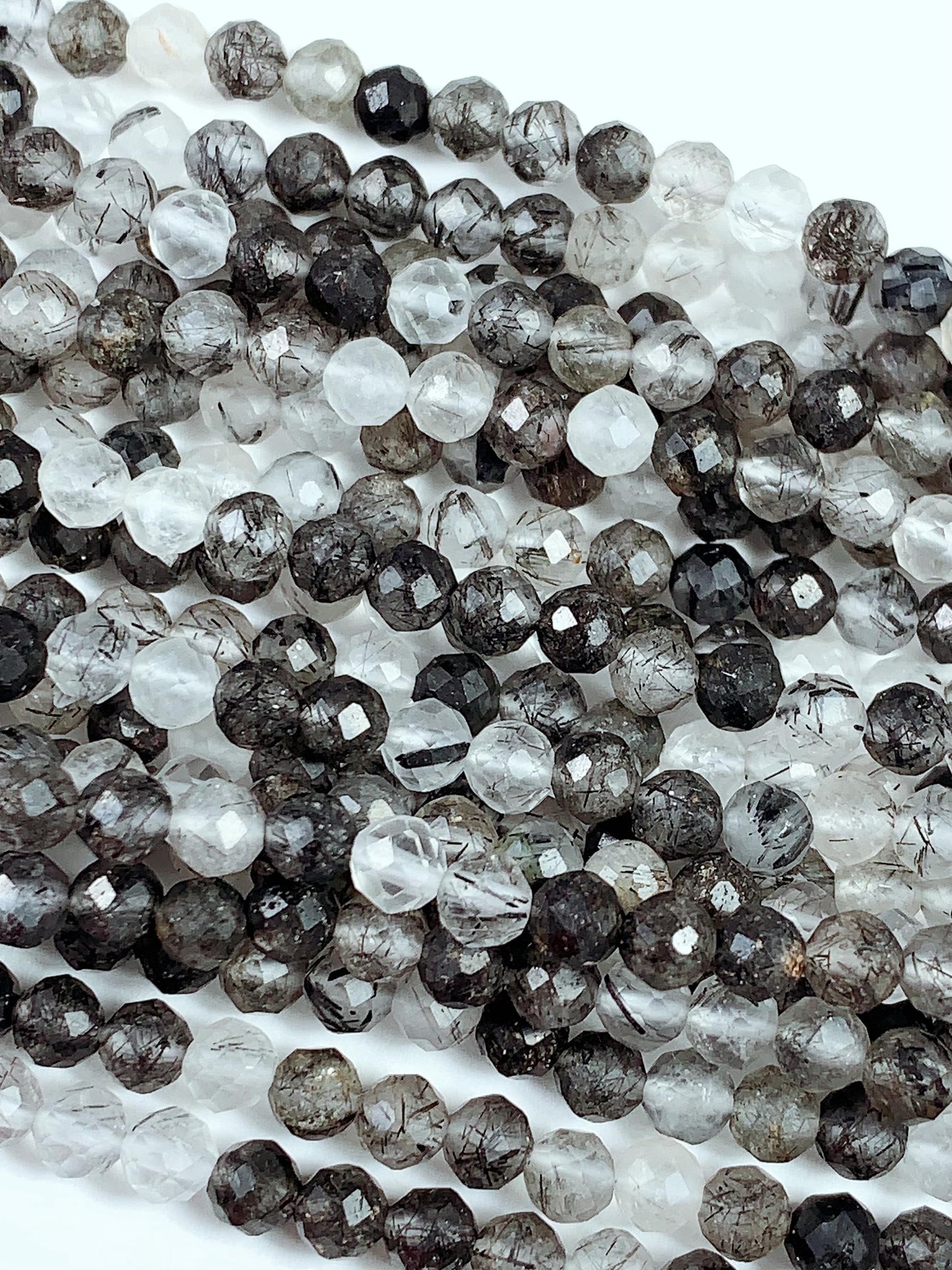 Faceted Black Tourmaline Rutilated Quartz Beads: AAA Grade, 2-4mm, 15.5" Strand