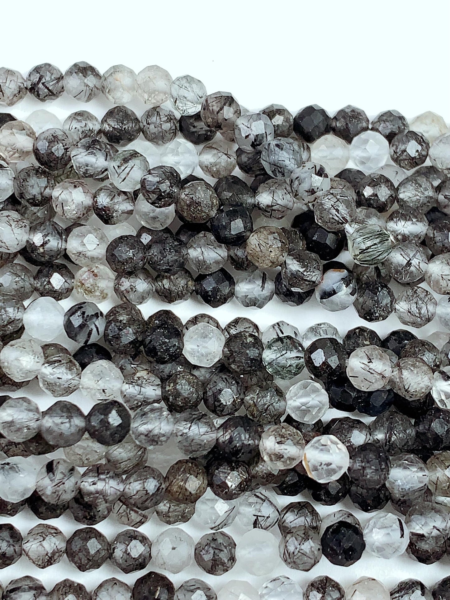 Faceted Black Tourmaline Rutilated Quartz Beads: AAA Grade, 2-4mm, 15.5" Strand