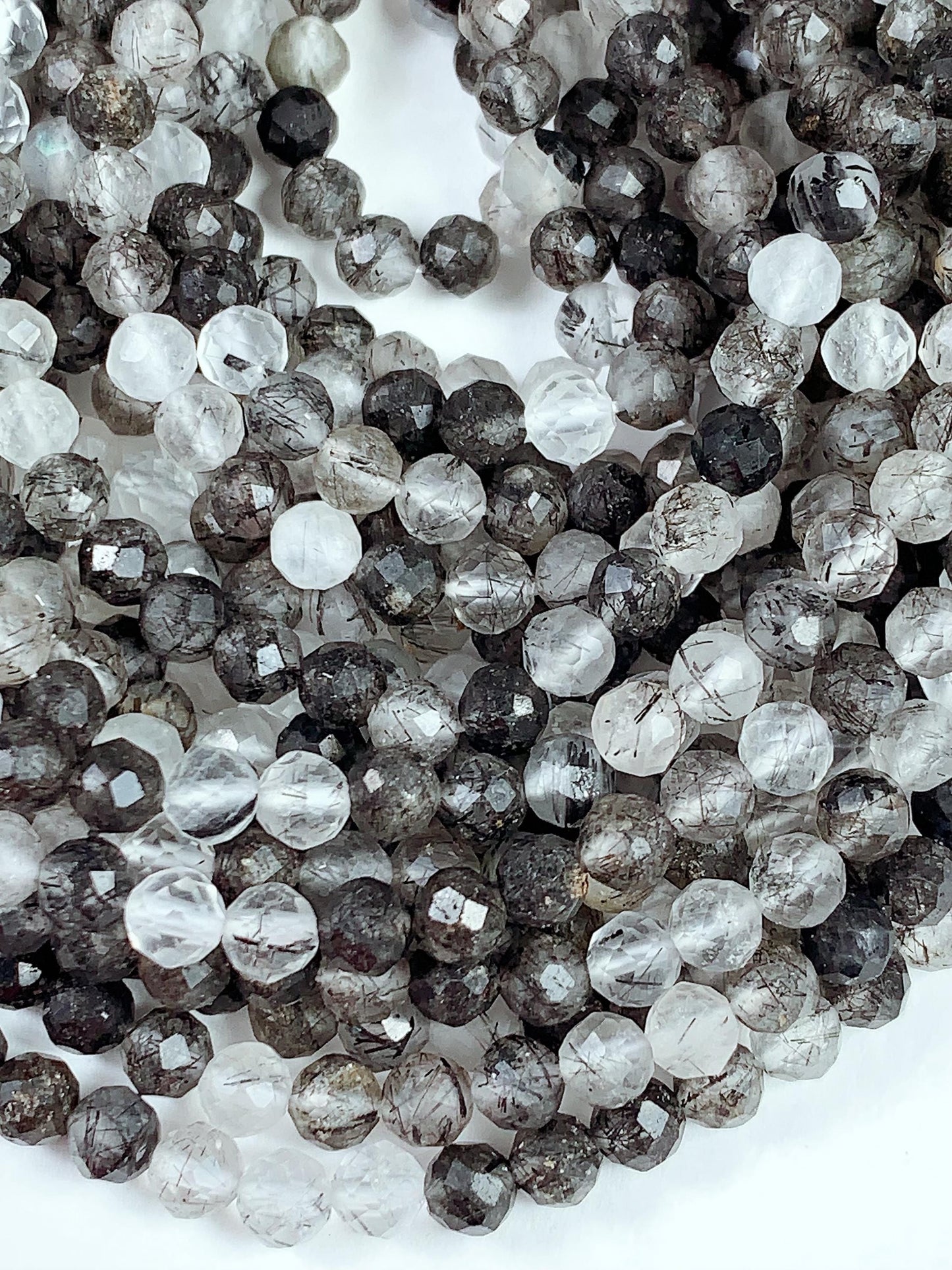 Faceted Black Tourmaline Rutilated Quartz Beads: AAA Grade, 2-4mm, 15.5" Strand