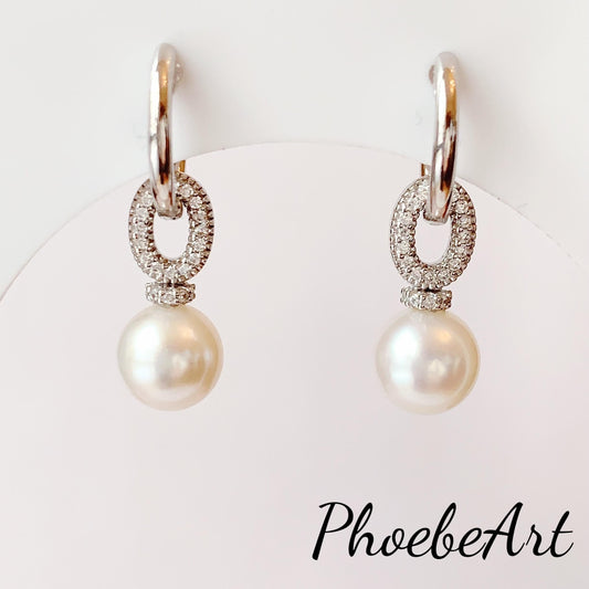 8.5mm Freshwater Pearl Earrings: Sterling Silver, Zircon Accent