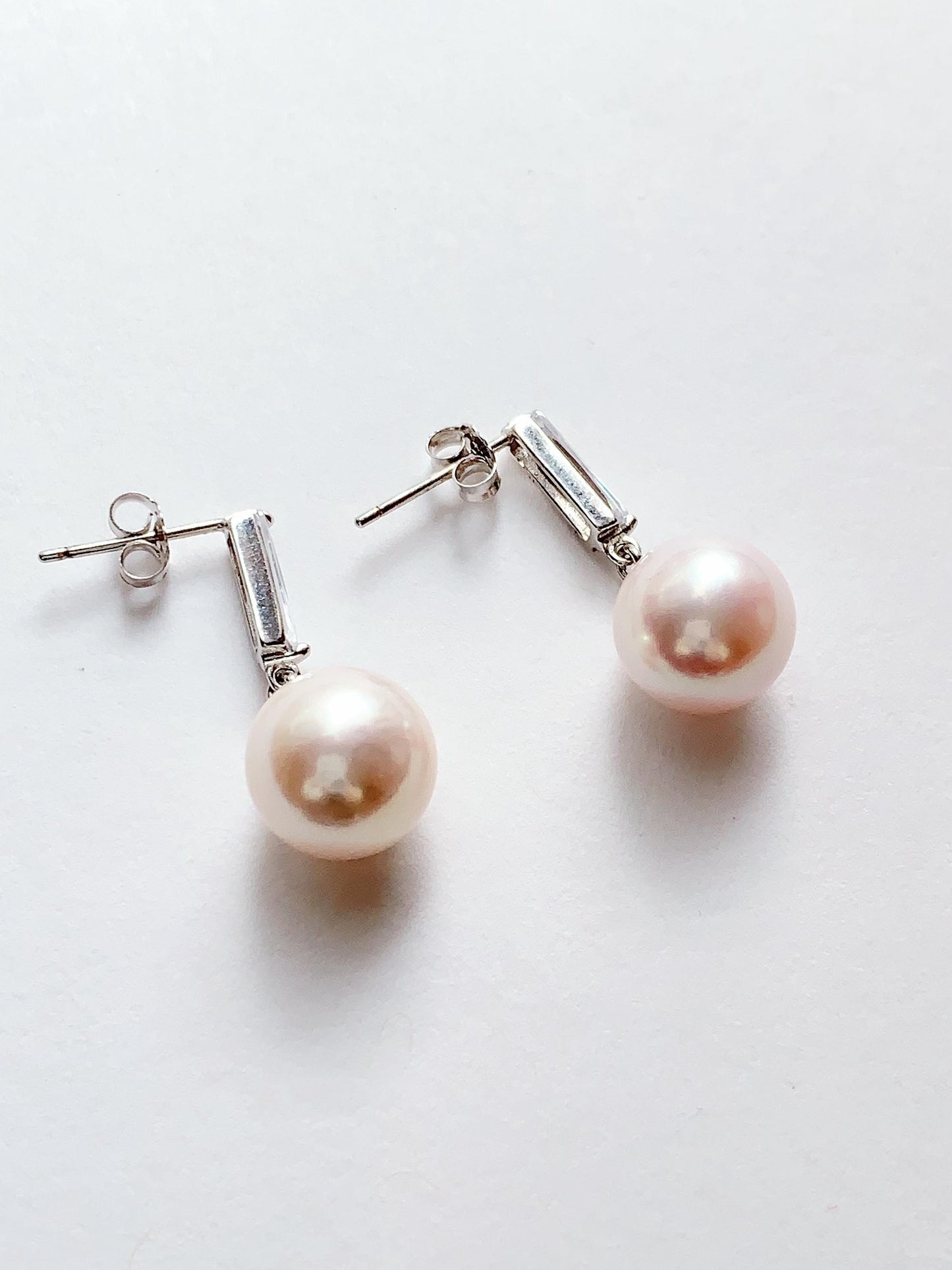 11mm Light Pink Pearl Earrings: Sterling Silver, 18k White Gold
