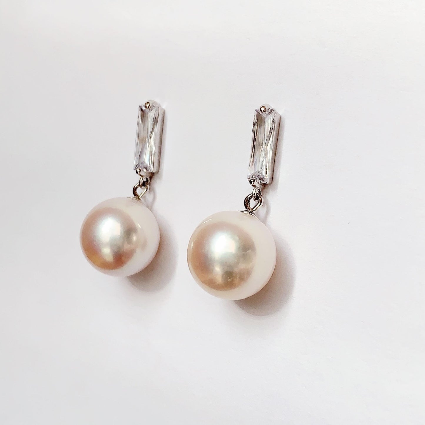 11mm Light Pink Pearl Earrings: Sterling Silver, 18k White Gold